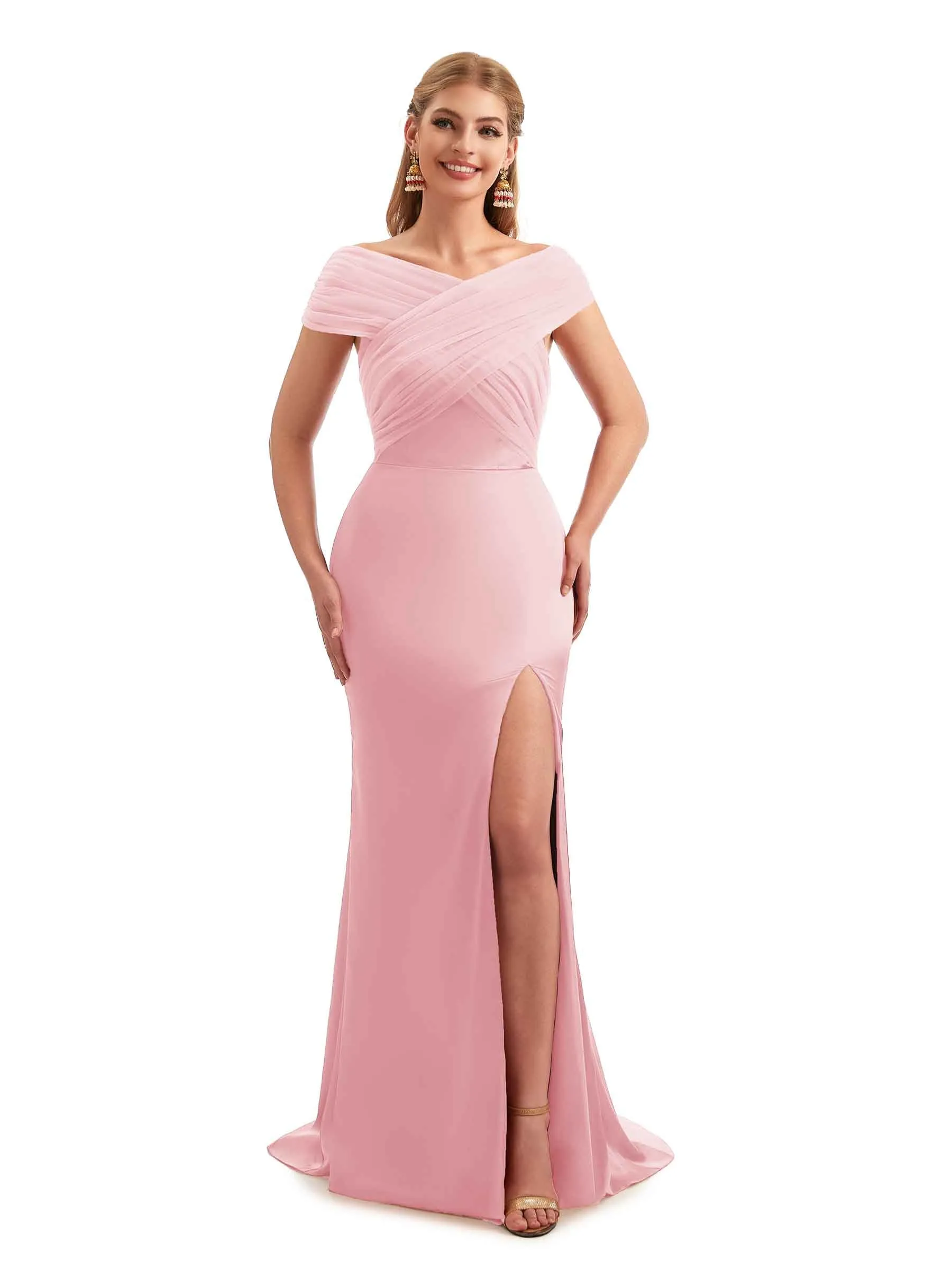 Modern Off The Shoulder Mermaid Satin and Tulle Unique Long Wedding Guest Dresses