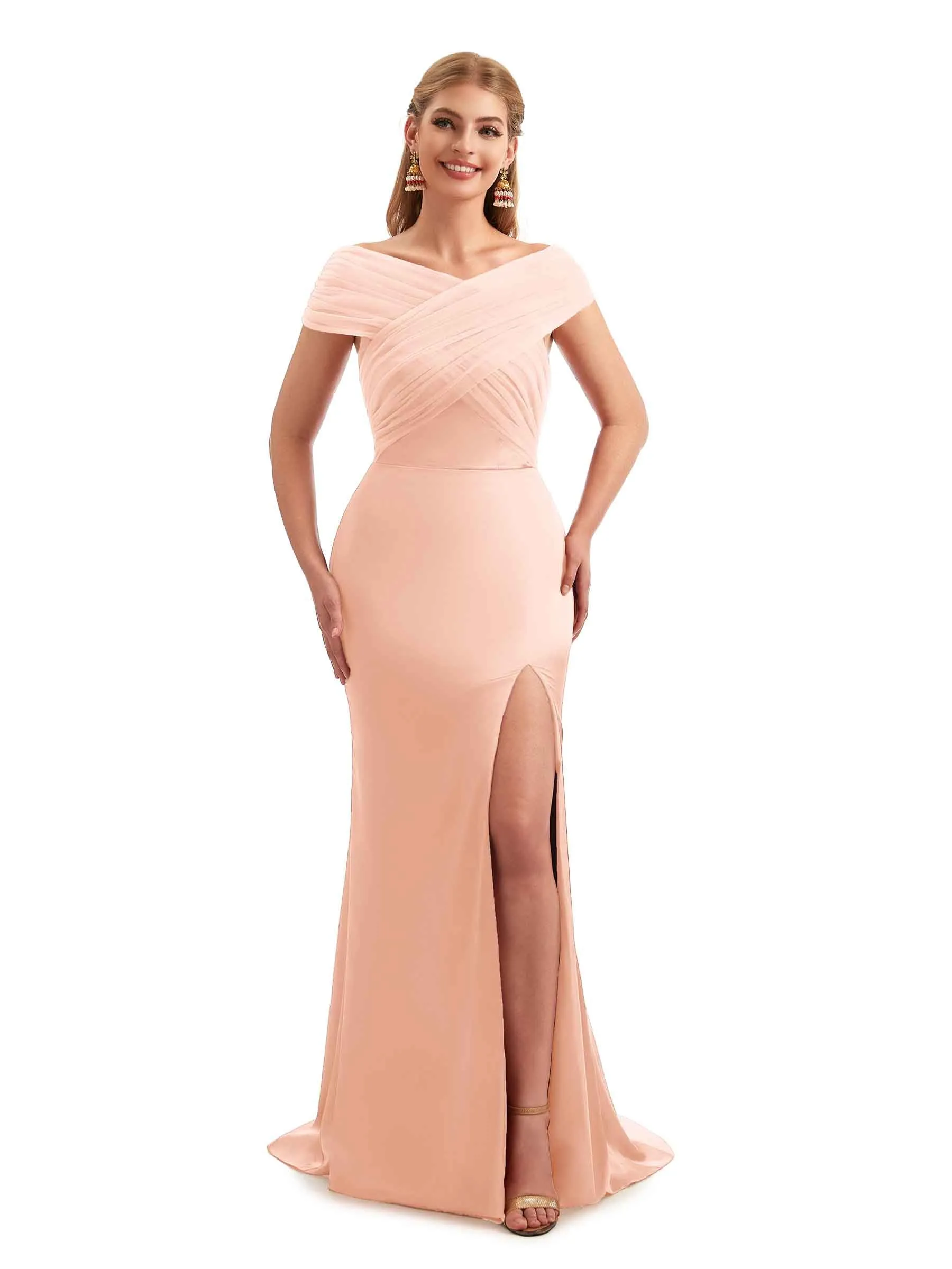 Modern Off The Shoulder Mermaid Satin and Tulle Unique Long Wedding Guest Dresses