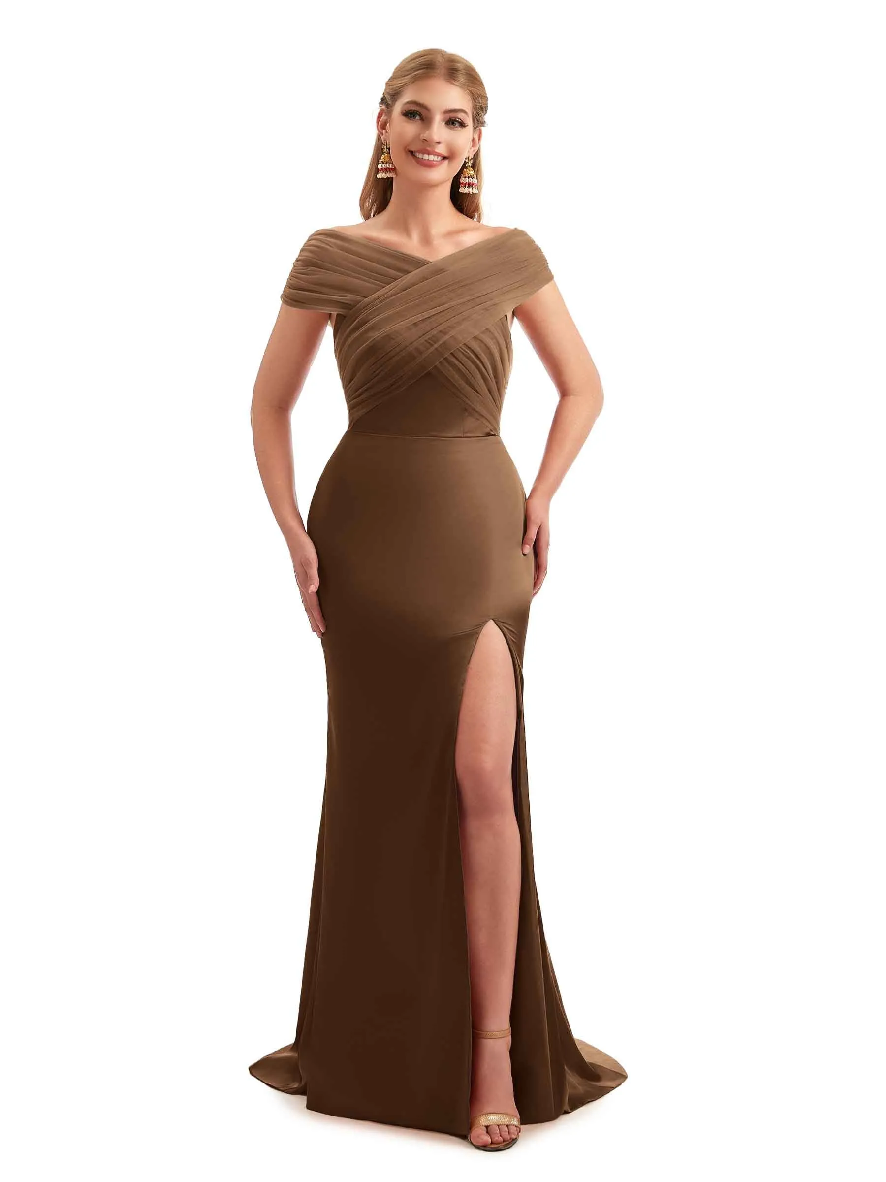Modern Off The Shoulder Mermaid Satin and Tulle Unique Long Wedding Guest Dresses