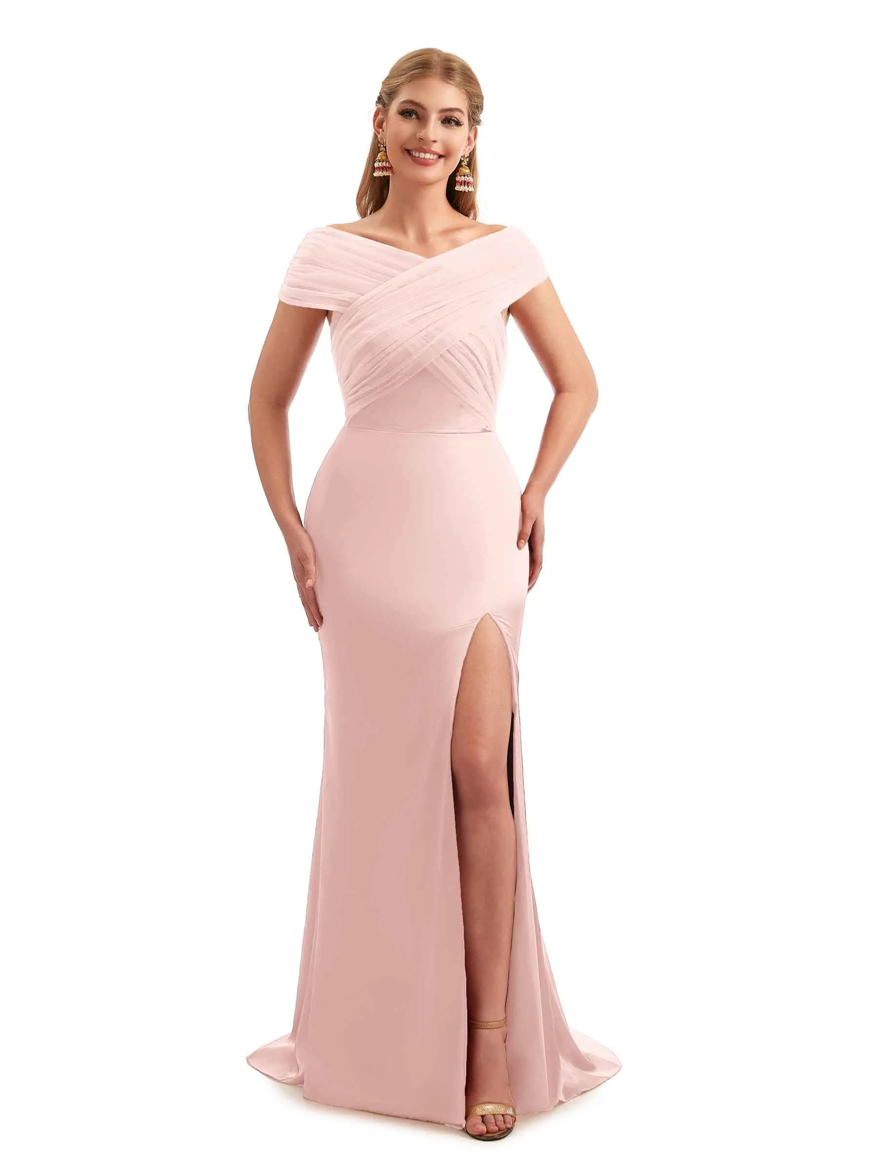 Modern Off The Shoulder Mermaid Satin and Tulle Unique Long Wedding Guest Dresses