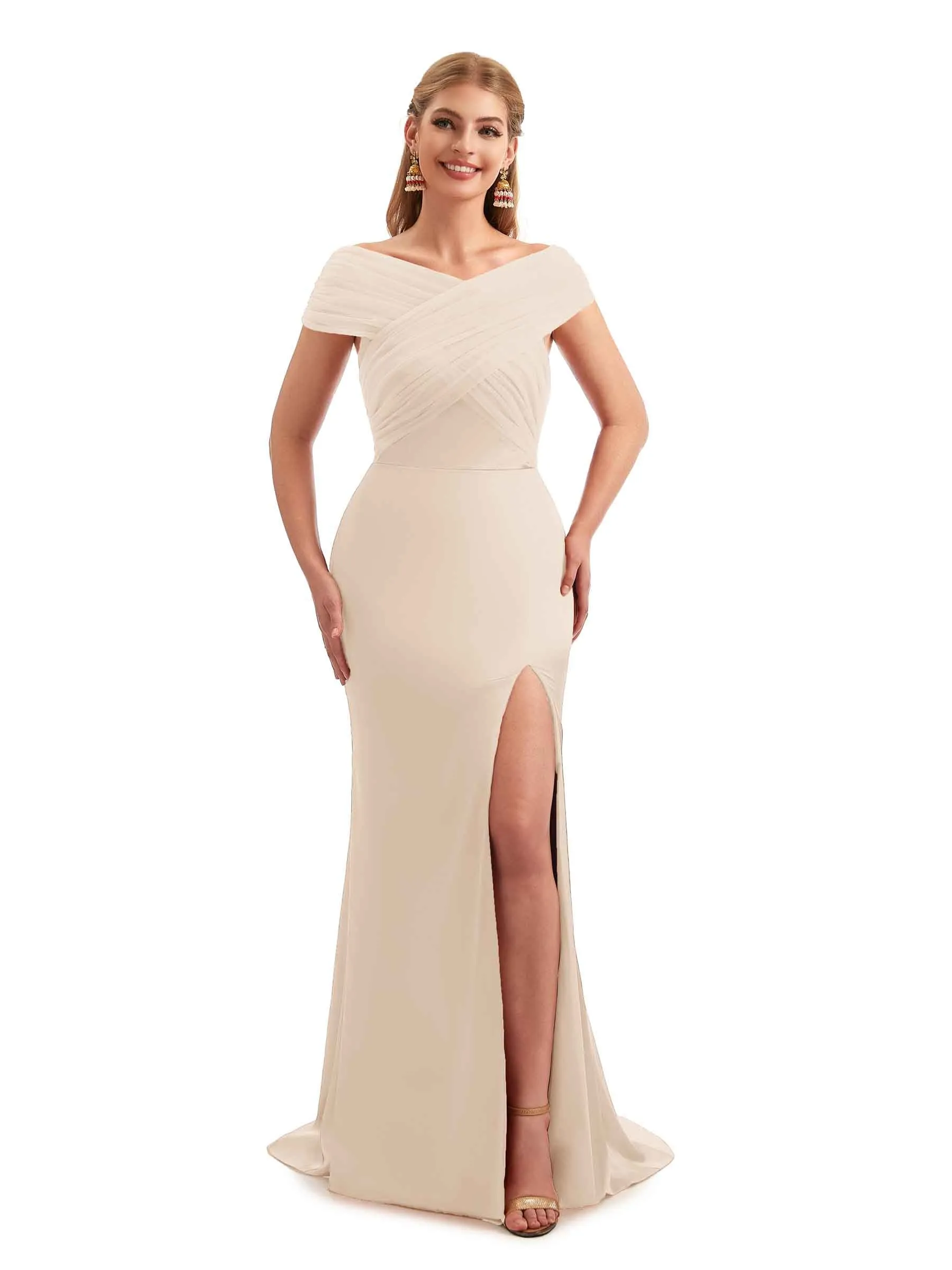 Modern Off The Shoulder Mermaid Satin and Tulle Unique Long Wedding Guest Dresses