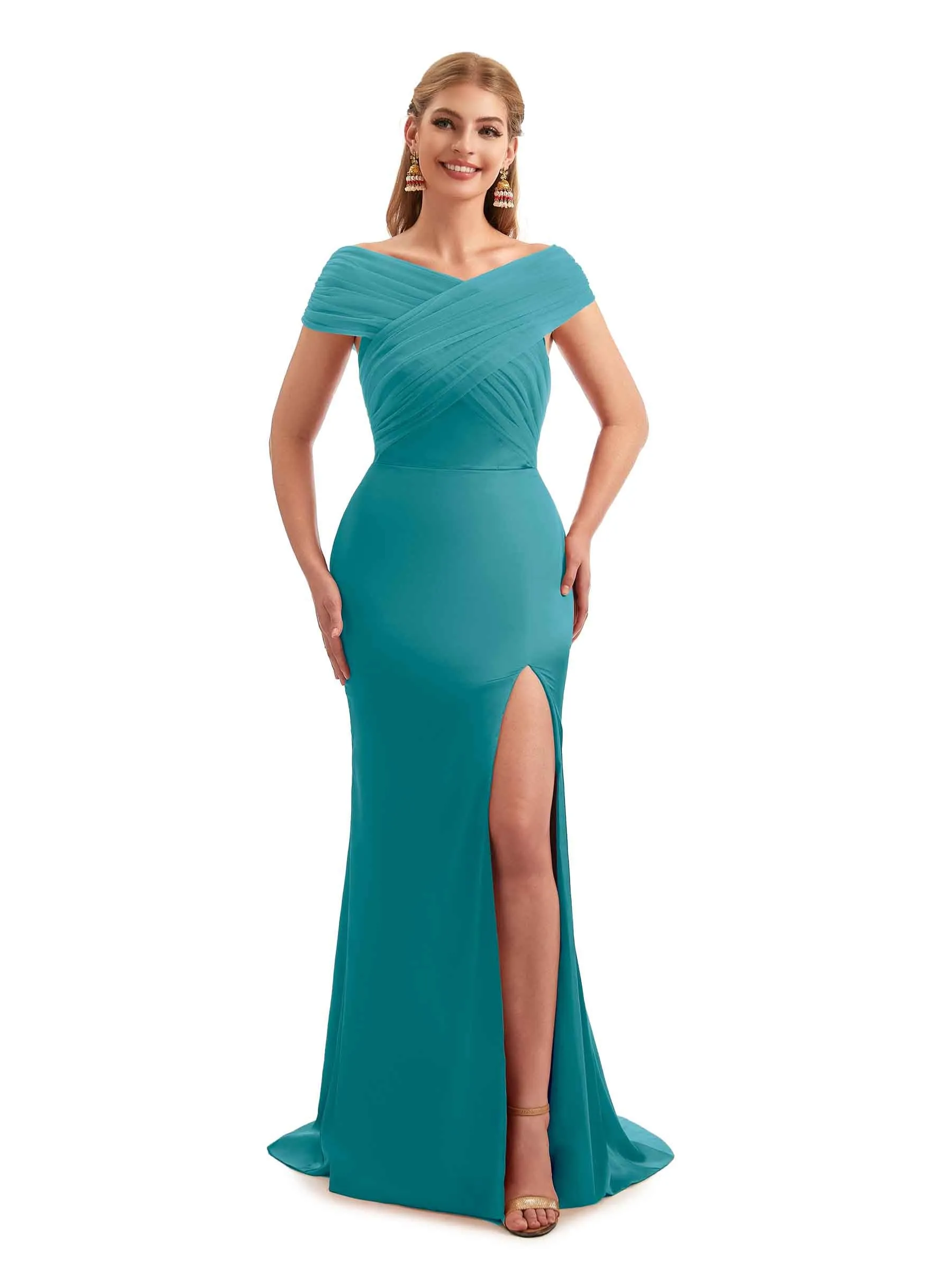Modern Off The Shoulder Mermaid Satin and Tulle Unique Long Wedding Guest Dresses