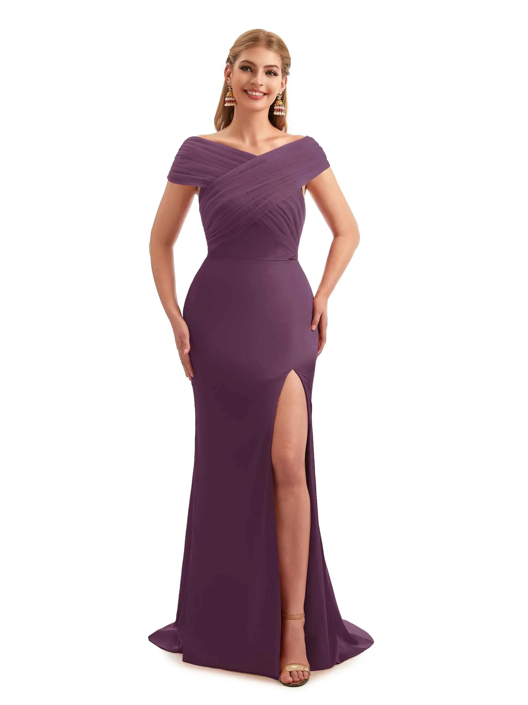 Modern Off The Shoulder Mermaid Satin and Tulle Unique Long Wedding Guest Dresses