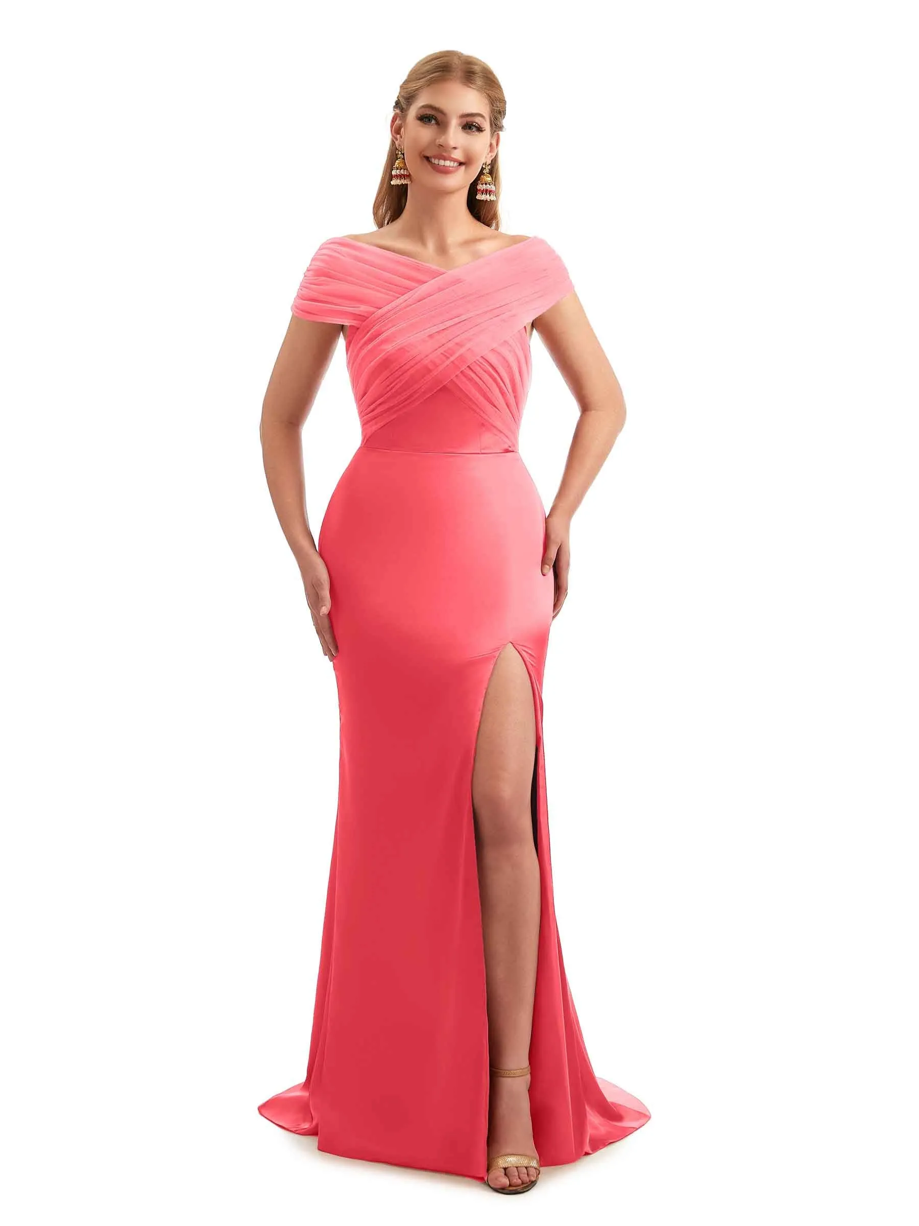 Modern Off The Shoulder Mermaid Satin and Tulle Unique Long Wedding Guest Dresses