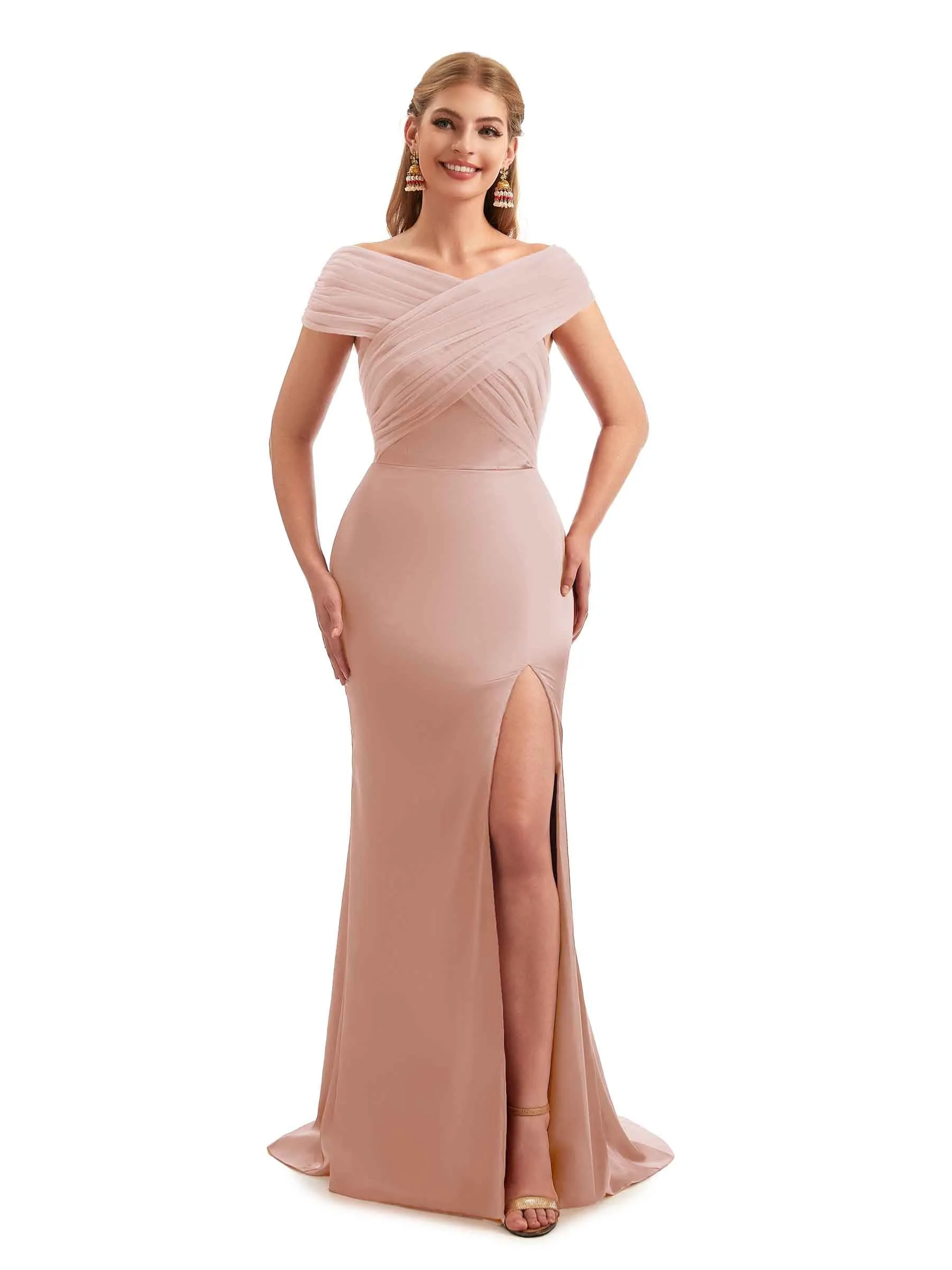 Modern Off The Shoulder Mermaid Satin and Tulle Unique Long Wedding Guest Dresses
