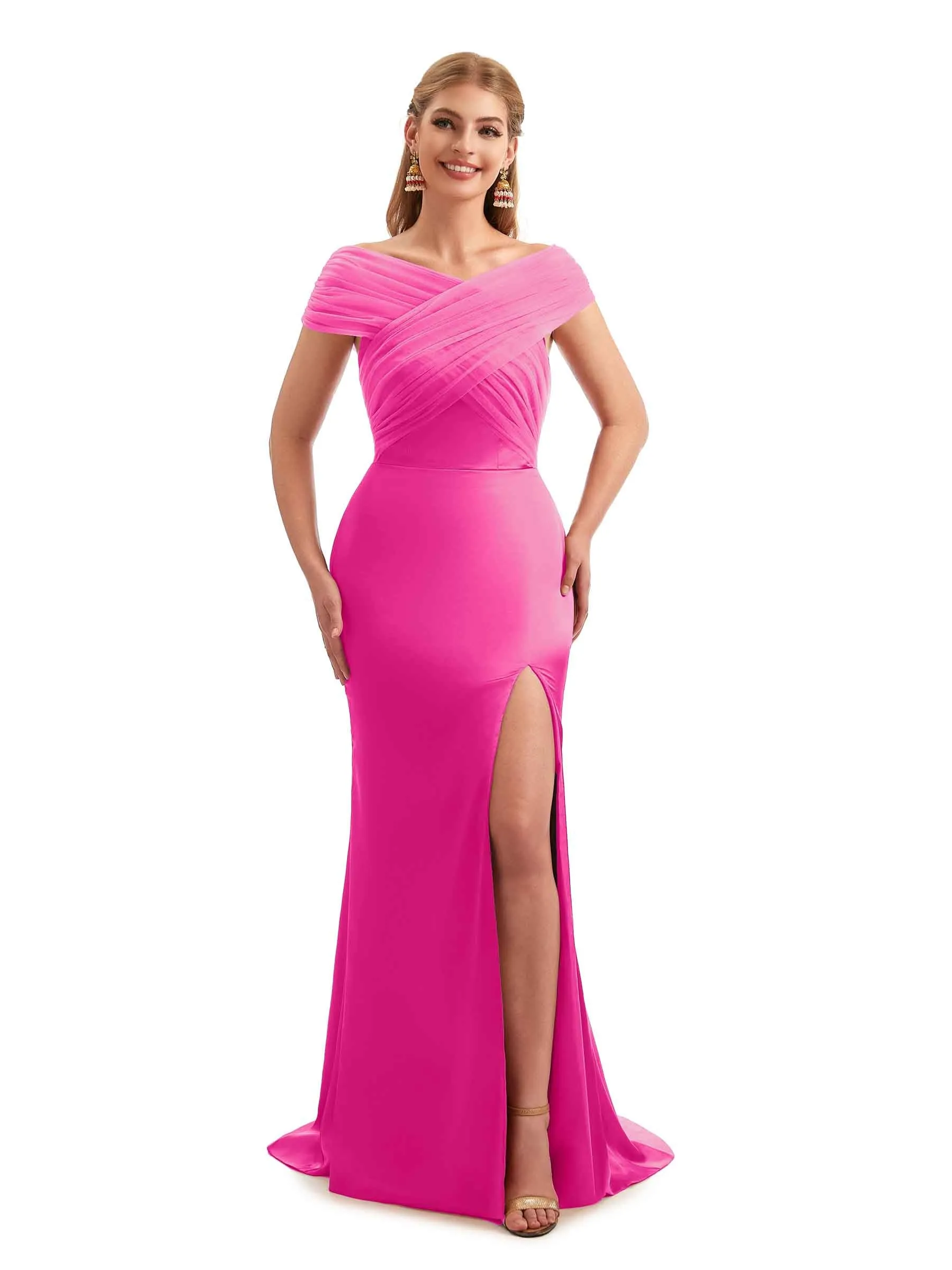 Modern Off The Shoulder Mermaid Satin and Tulle Unique Long Wedding Guest Dresses