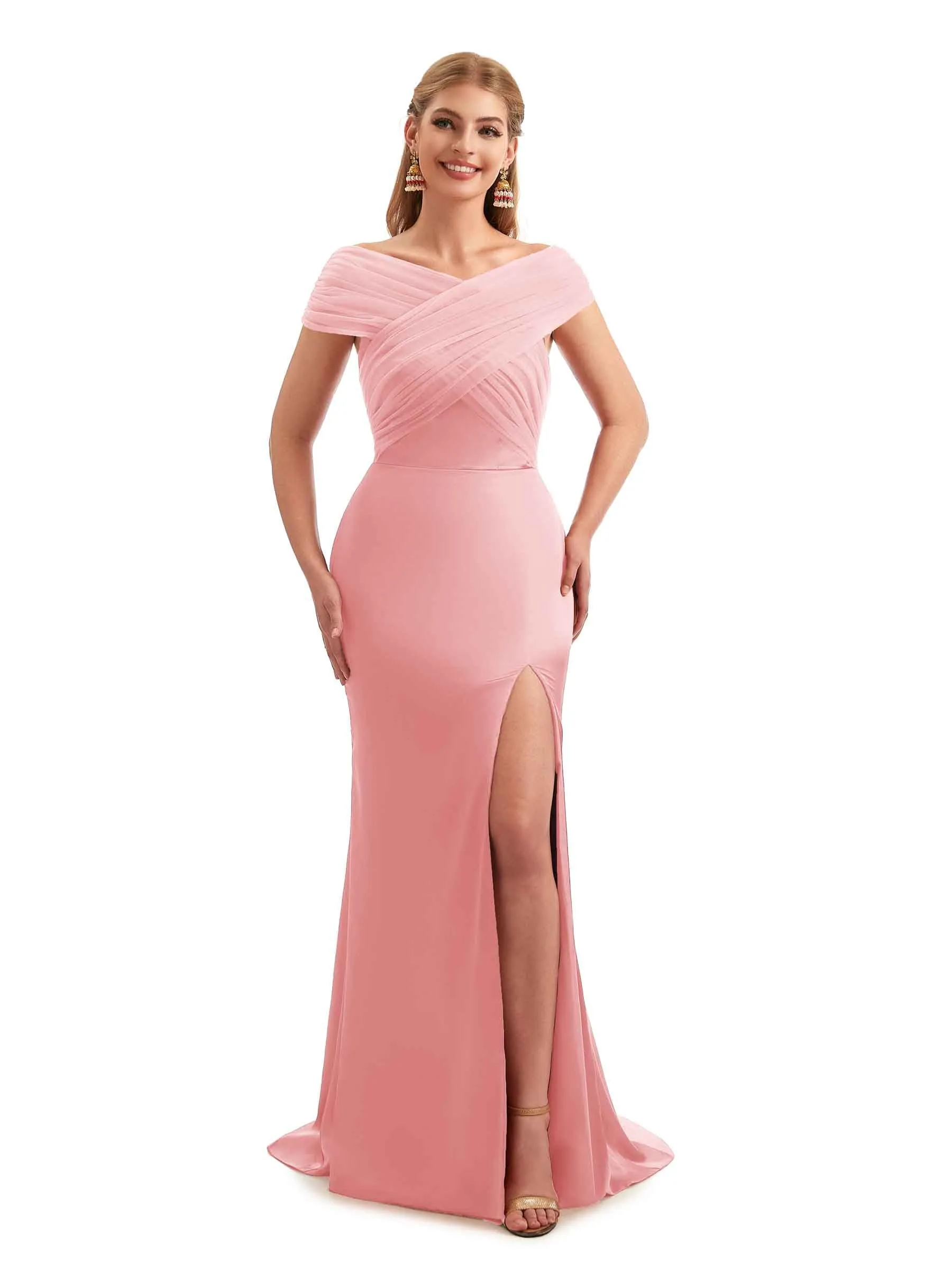 Modern Off The Shoulder Mermaid Satin and Tulle Unique Long Wedding Guest Dresses