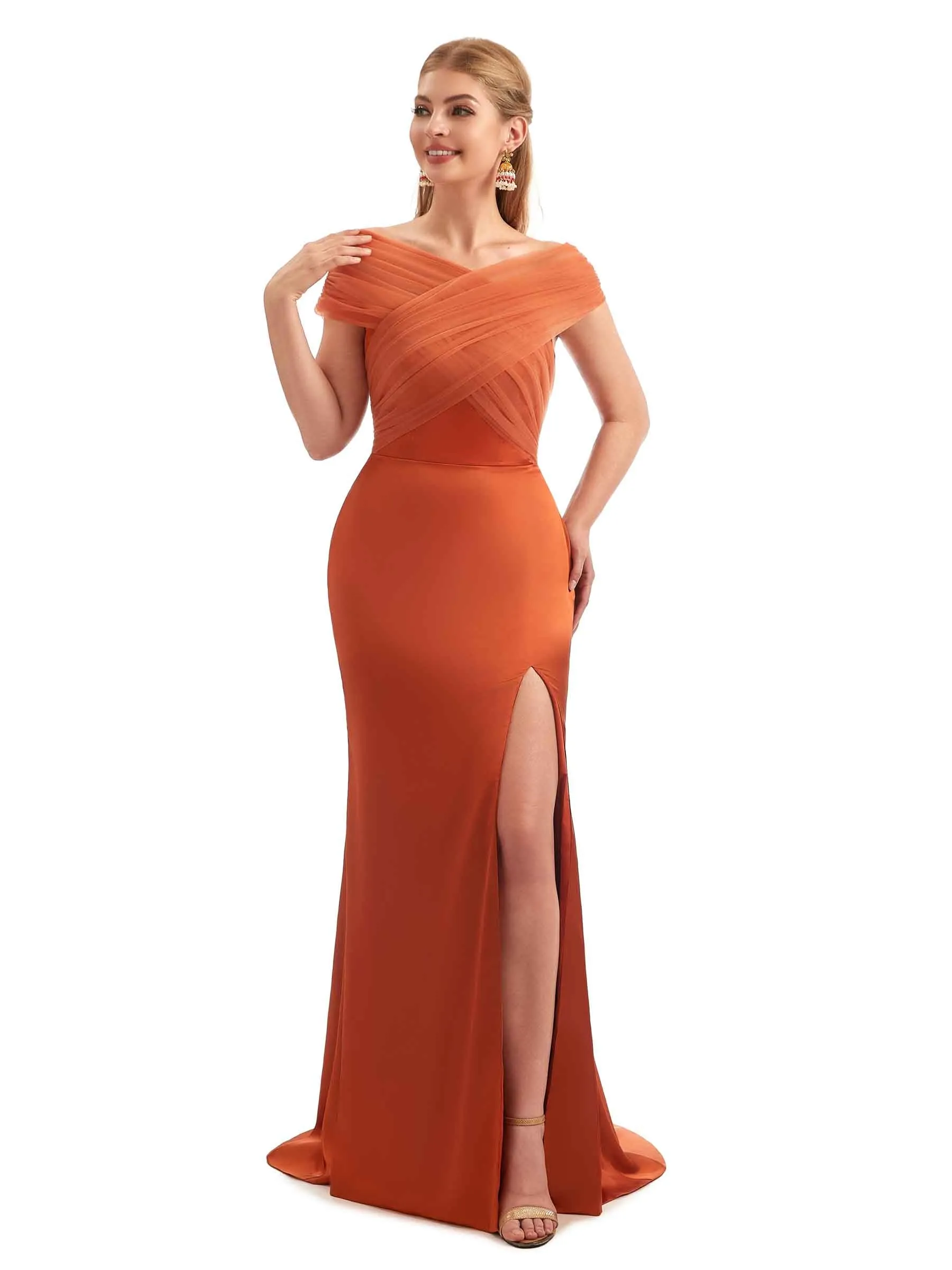 Modern Off The Shoulder Mermaid Satin and Tulle Unique Long Wedding Guest Dresses