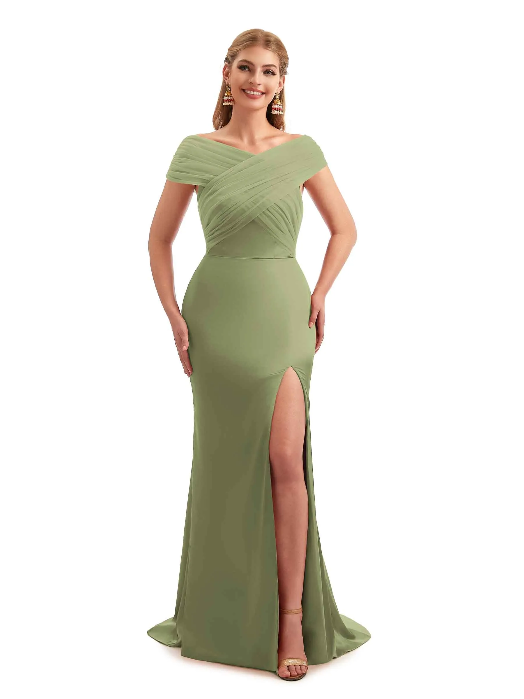 Modern Off The Shoulder Mermaid Satin and Tulle Unique Long Wedding Guest Dresses