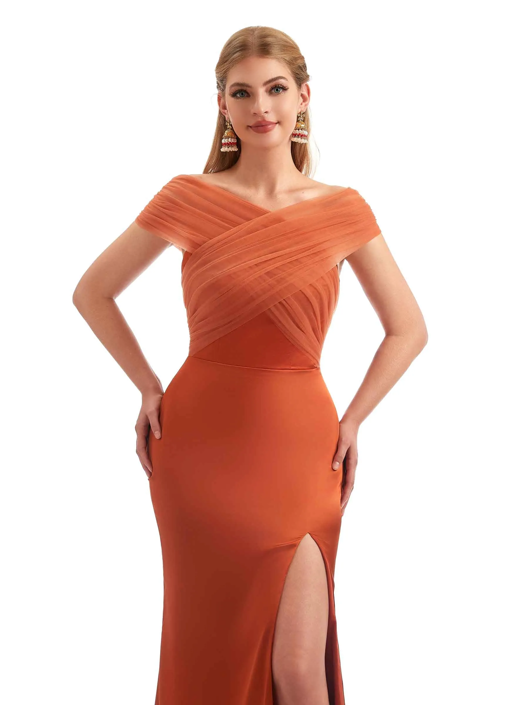 Modern Off The Shoulder Mermaid Satin and Tulle Unique Long Wedding Guest Dresses