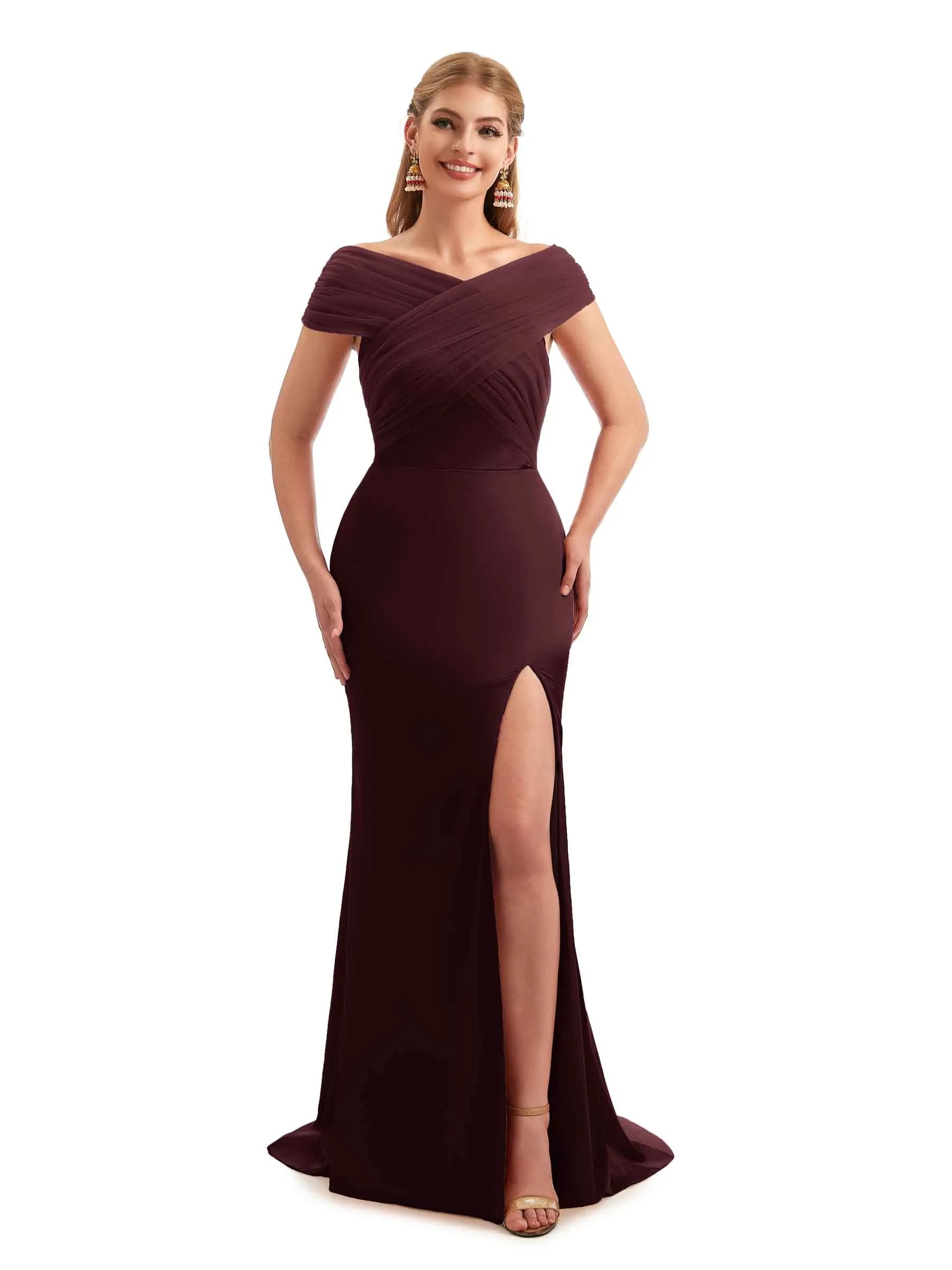 Modern Off The Shoulder Mermaid Satin and Tulle Unique Long Wedding Guest Dresses