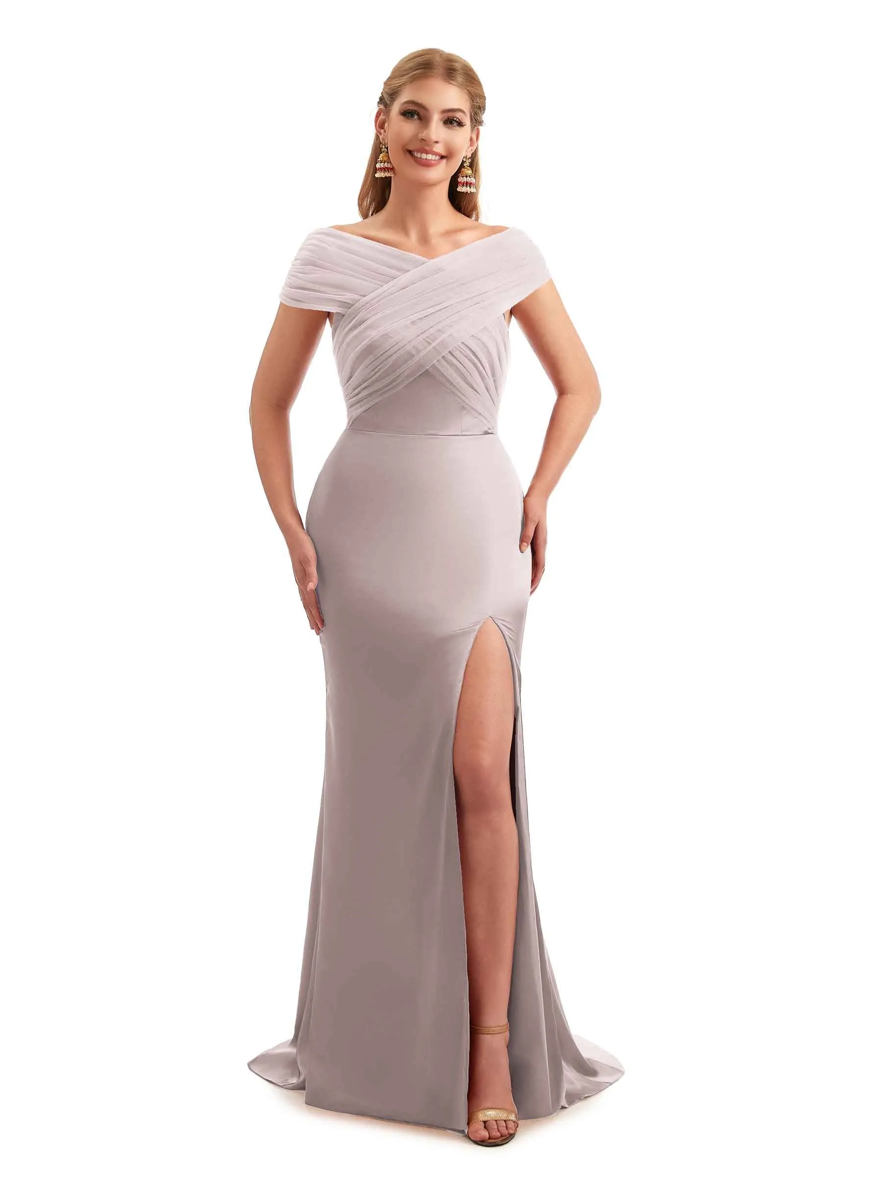 Modern Off The Shoulder Mermaid Satin and Tulle Unique Long Wedding Guest Dresses