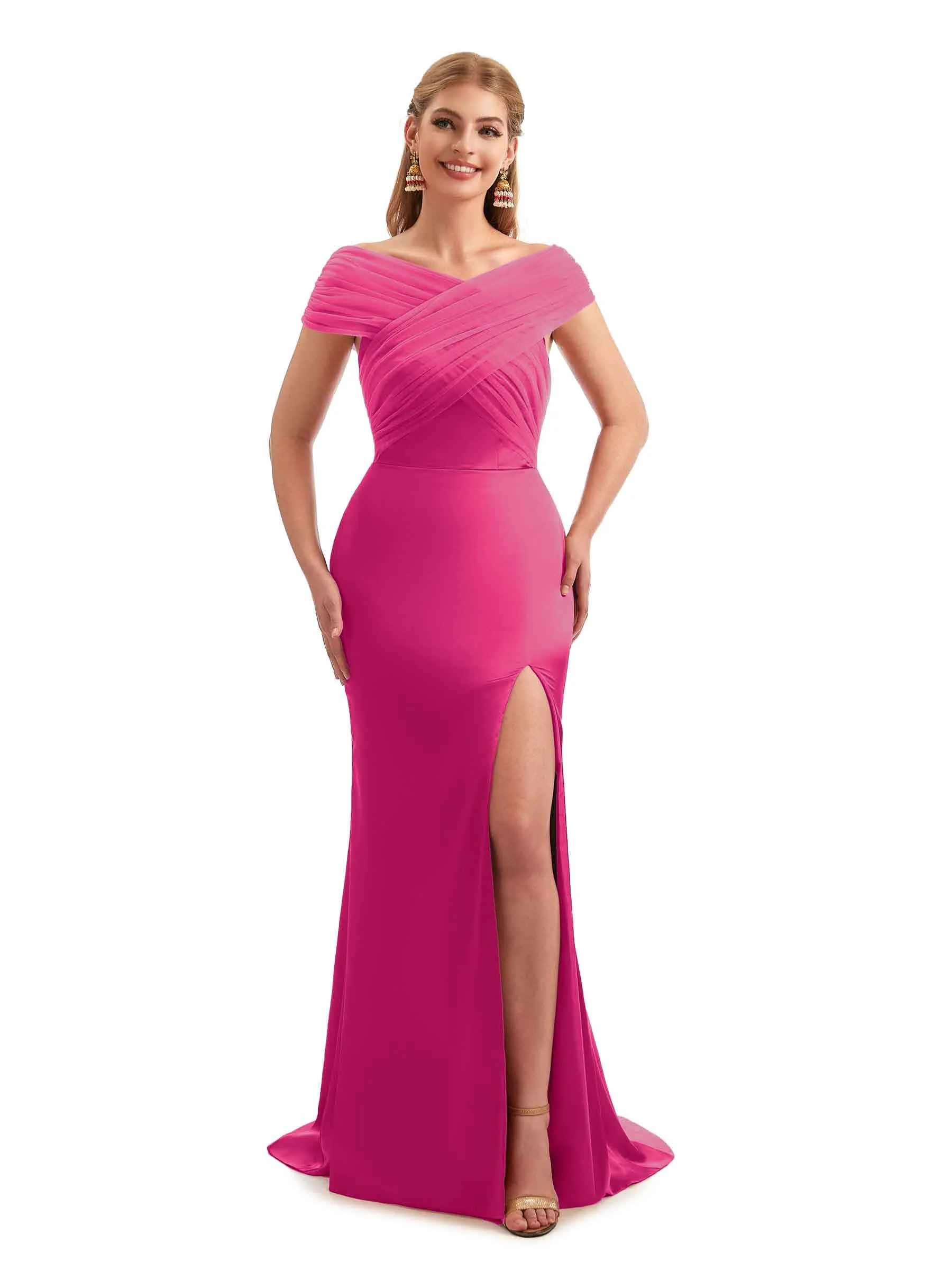Modern Off The Shoulder Mermaid Satin and Tulle Unique Long Wedding Guest Dresses