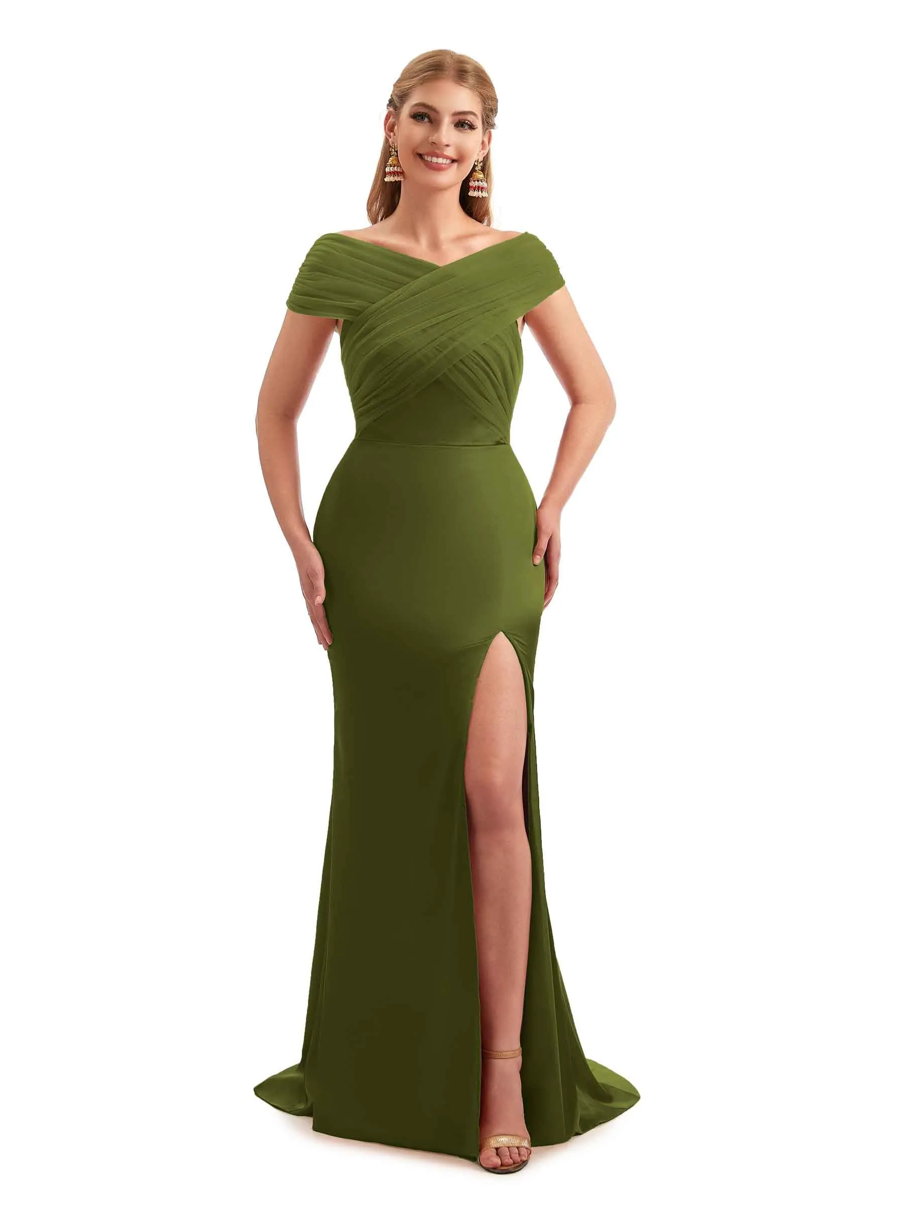 Modern Off The Shoulder Mermaid Satin and Tulle Unique Long Wedding Guest Dresses