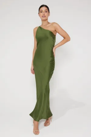 Monica One Shoulder Satin Maxi Dress - Olive Green