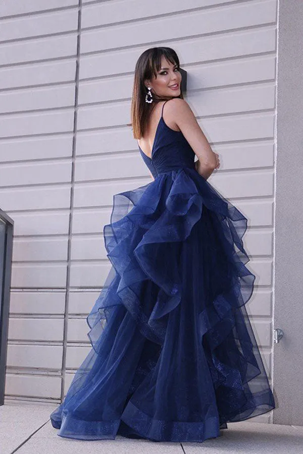 Navy Blue Tulle A-line V-neck Prom Dress With Ruffles, Long Formal Dresses, SP792