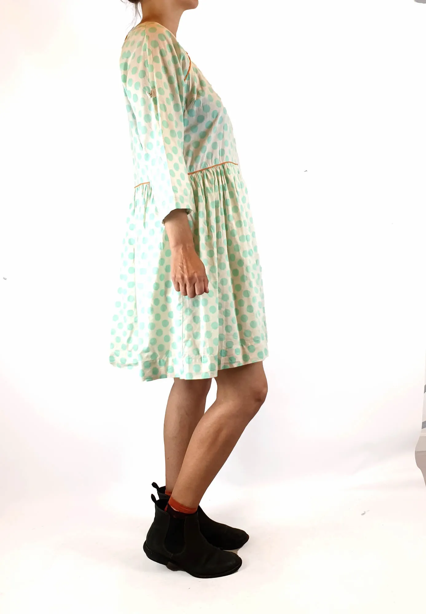 Obus blue polka dot print 3/4 length sleeve dress size 1, best fits size 8