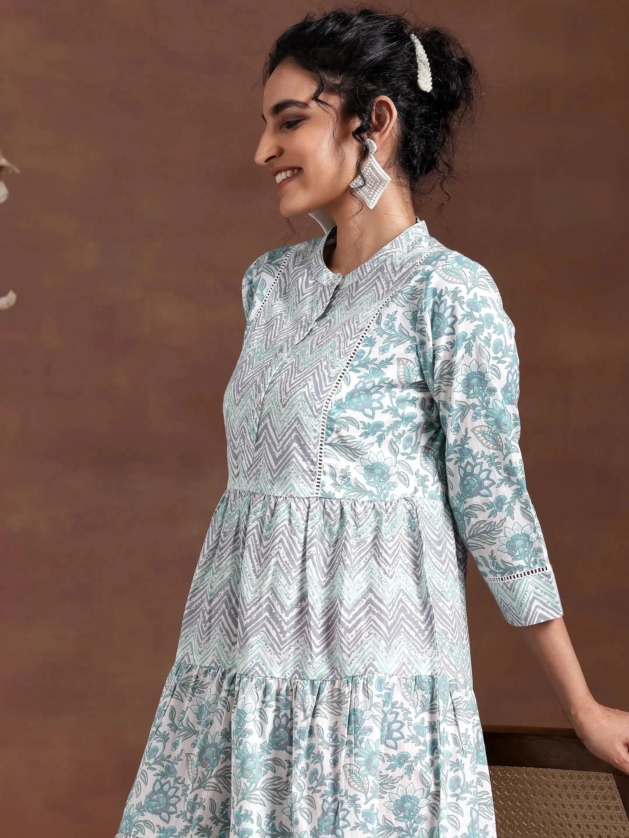 Off White Printed Cotton A-Line Dress