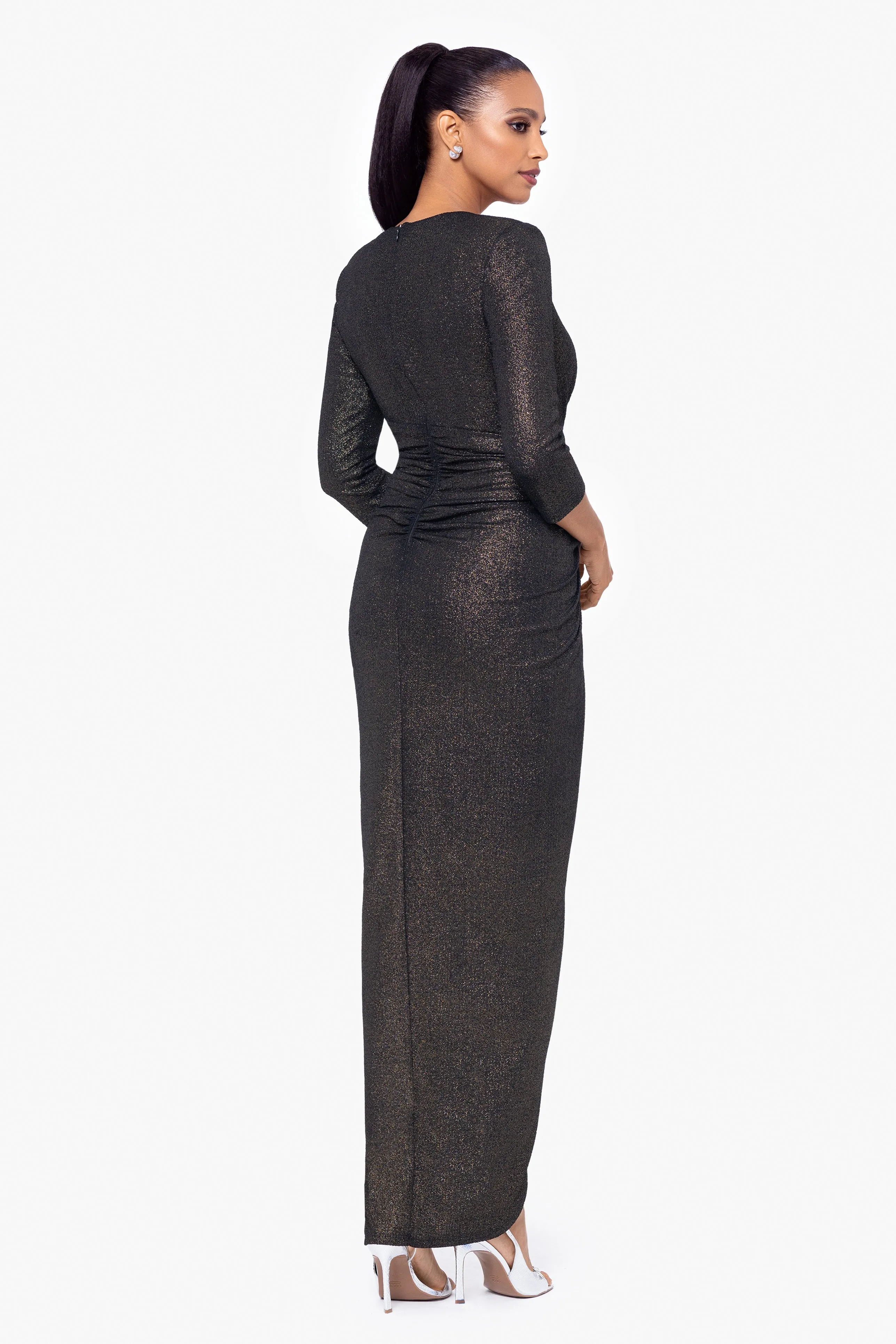 Petite "Josephine" Long Foil Knit 3/4 Sleeve V-Neck Dress