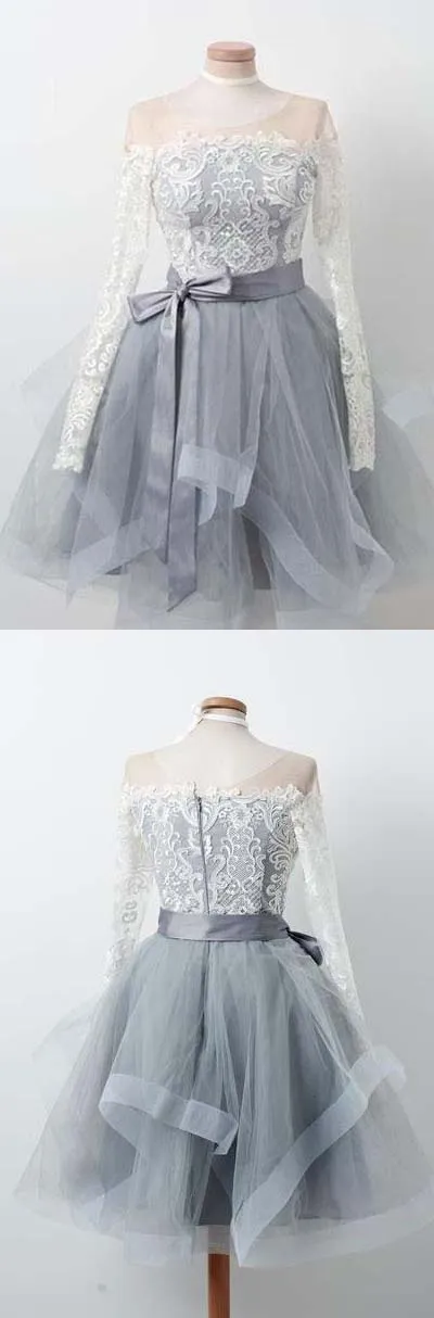 Pink High Neck Long Sleeves Lace Homecoming Dresses | Short Prom Dress, SH426