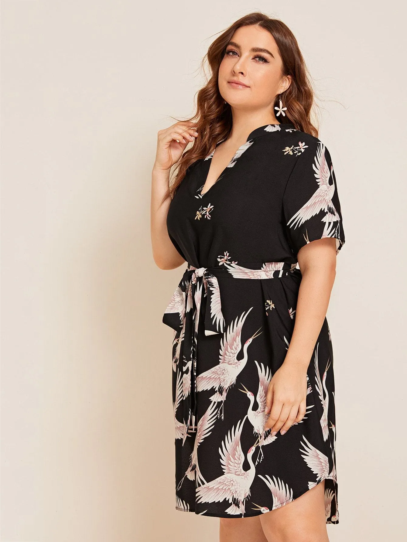 Plus Notch Neck Belted Curved Hem Crane Print Dress
