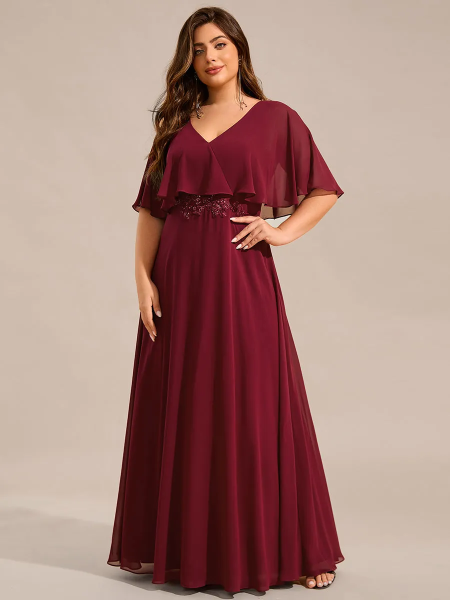 Plus Size Elegant Shawl Bat-wing Sleeve Chiffon Evening Dresses with Applique Decoration