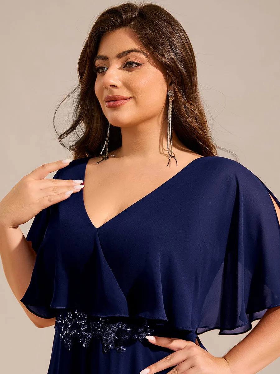 Plus Size Elegant Shawl Bat-wing Sleeve Chiffon Evening Dresses with Applique Decoration