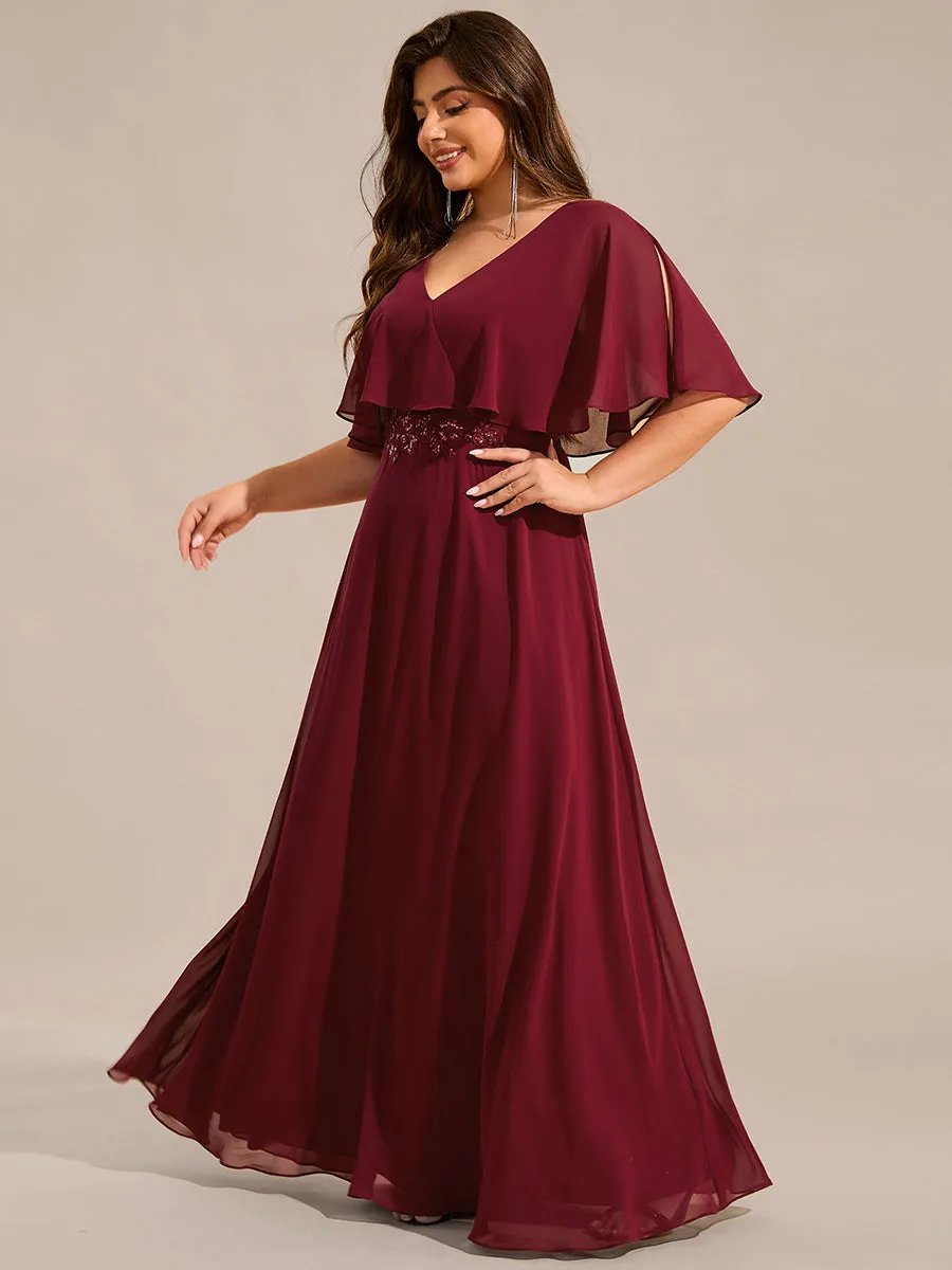 Plus Size Elegant Shawl Bat-wing Sleeve Chiffon Evening Dresses with Applique Decoration