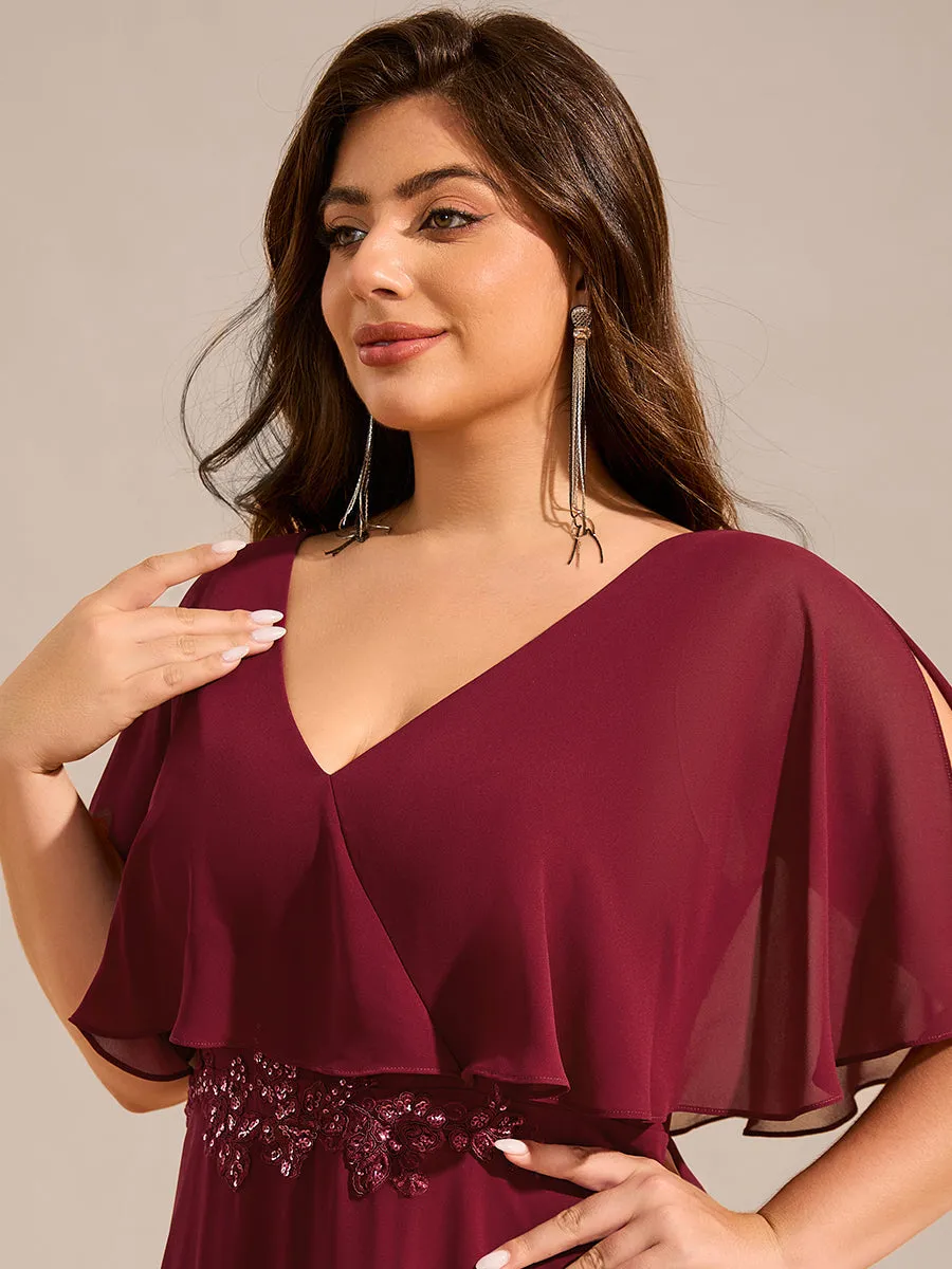 Plus Size Elegant Shawl Bat-wing Sleeve Chiffon Evening Dresses with Applique Decoration