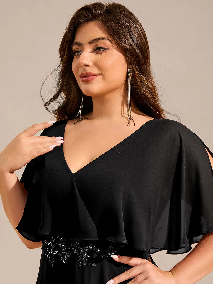 Plus Size Elegant Shawl Bat-wing Sleeve Chiffon Evening Dresses with Applique Decoration