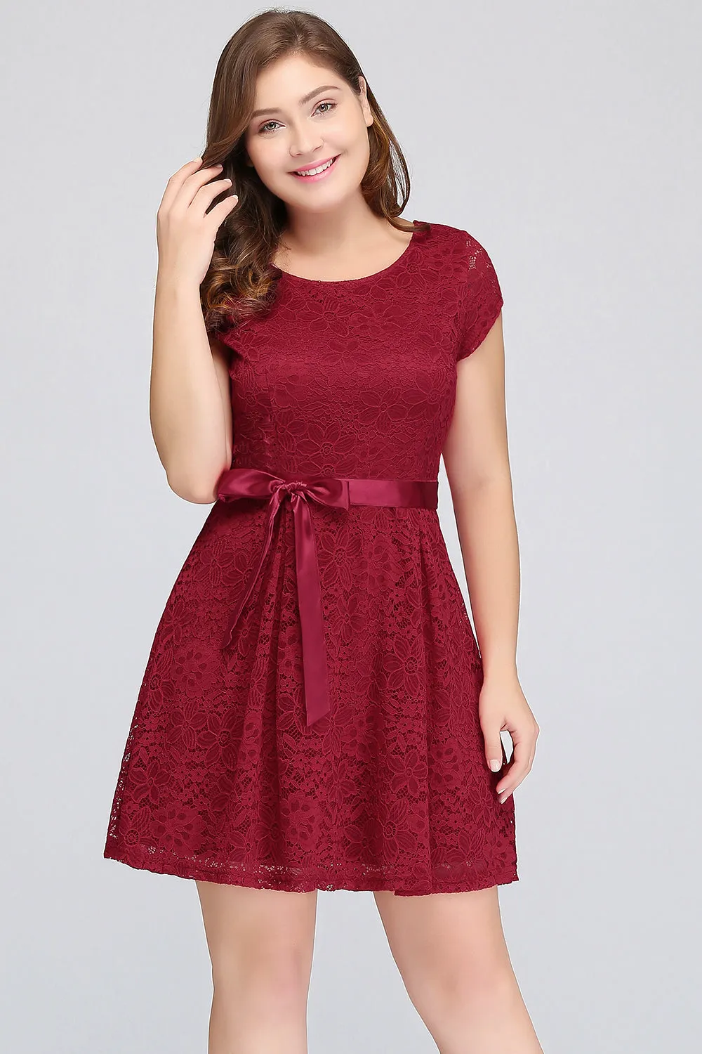 Plus Size Short A-line Bowknot Lace Bridesmaid Dress With Sleeves
