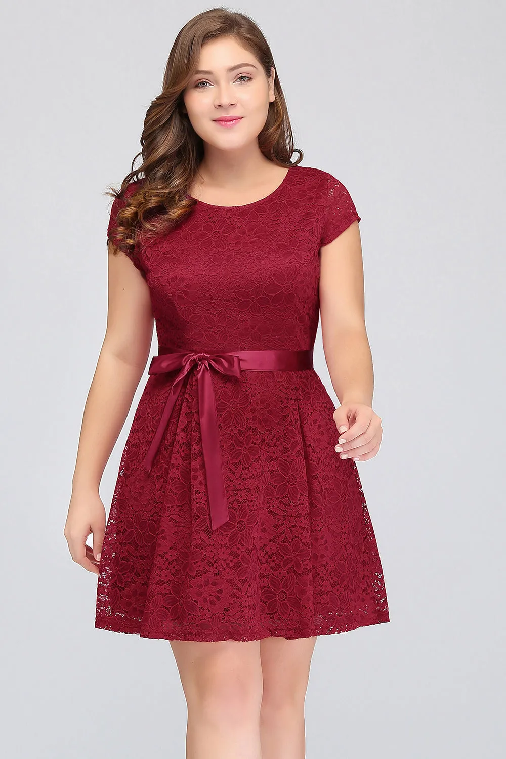 Plus Size Short A-line Bowknot Lace Bridesmaid Dress With Sleeves