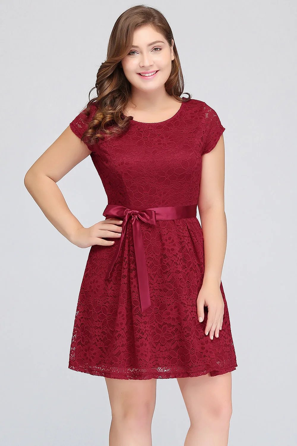 Plus Size Short A-line Bowknot Lace Bridesmaid Dress With Sleeves