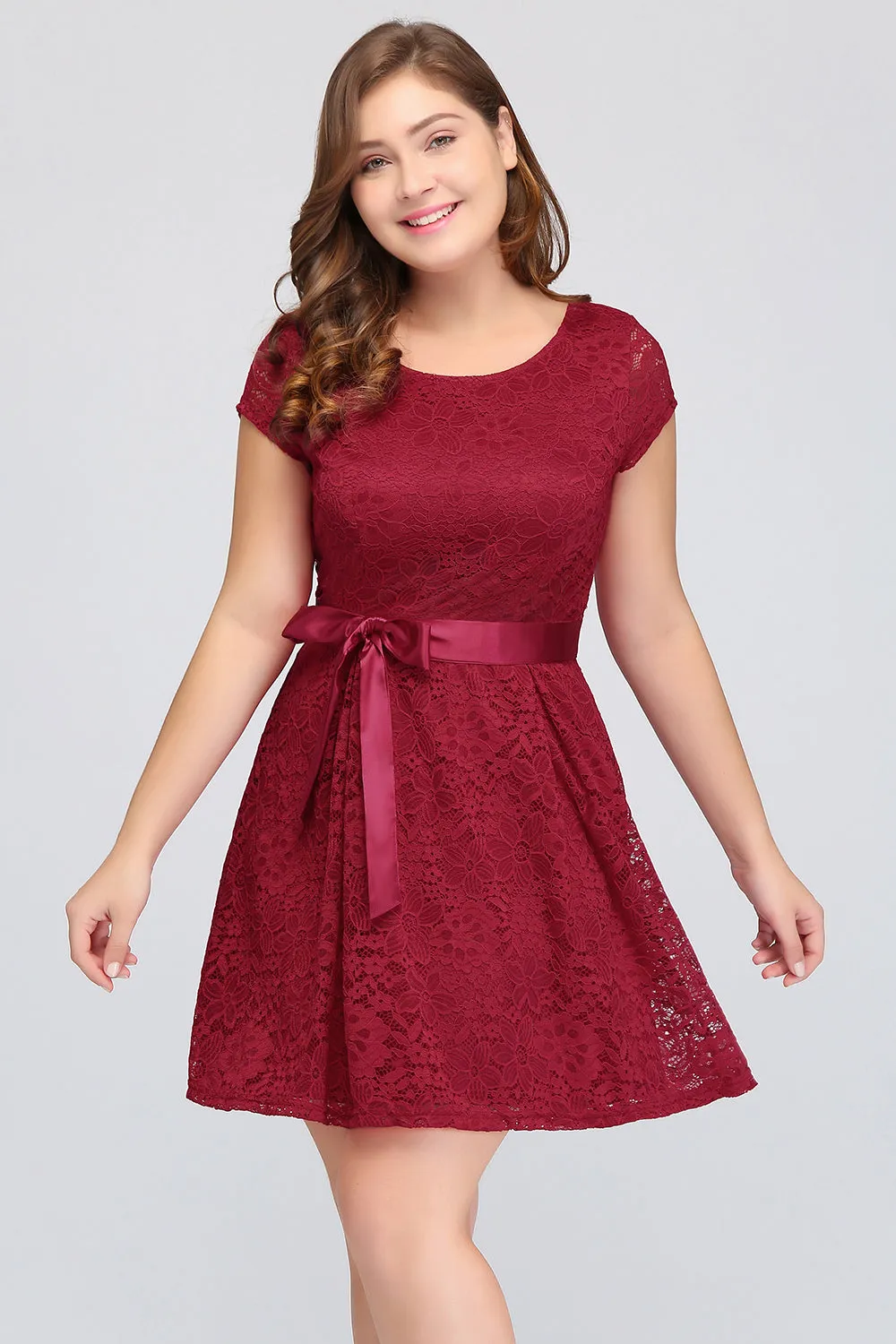 Plus Size Short A-line Bowknot Lace Bridesmaid Dress With Sleeves