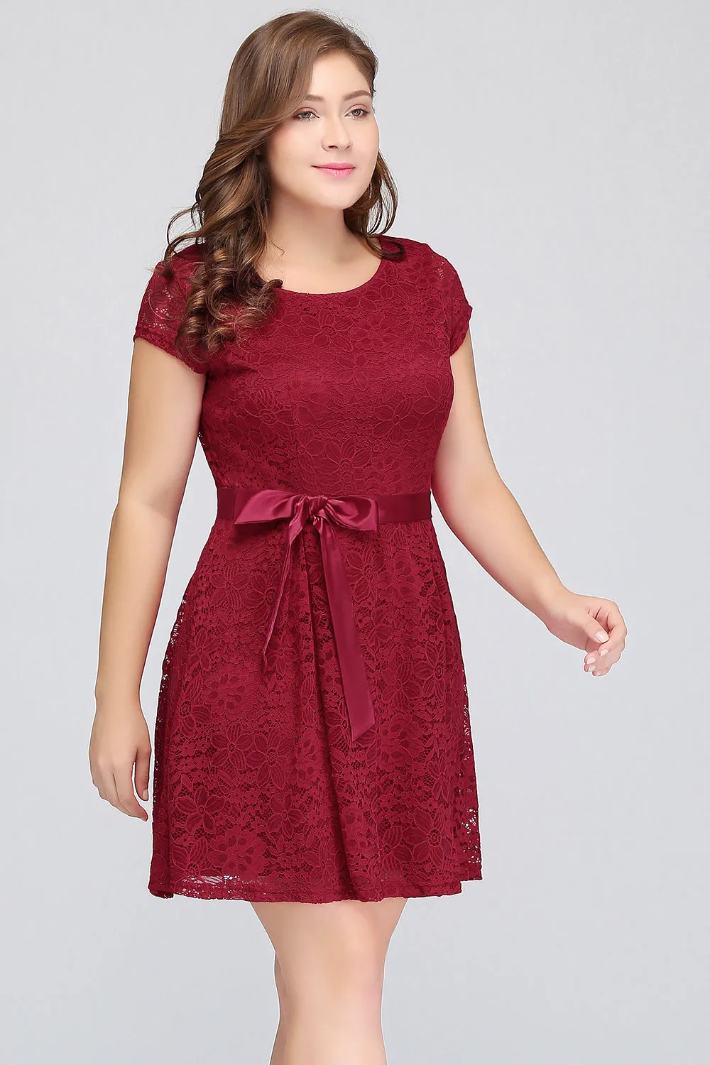 Plus Size Short A-line Bowknot Lace Bridesmaid Dress With Sleeves