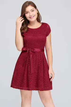 Plus Size Short A-line Bowknot Lace Bridesmaid Dress With Sleeves