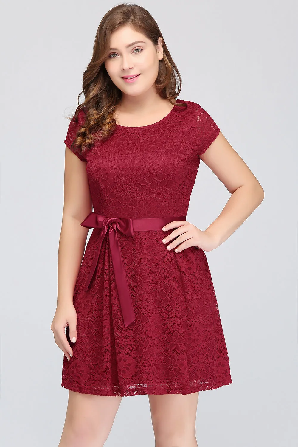 Plus Size Short A-line Bowknot Lace Bridesmaid Dress With Sleeves