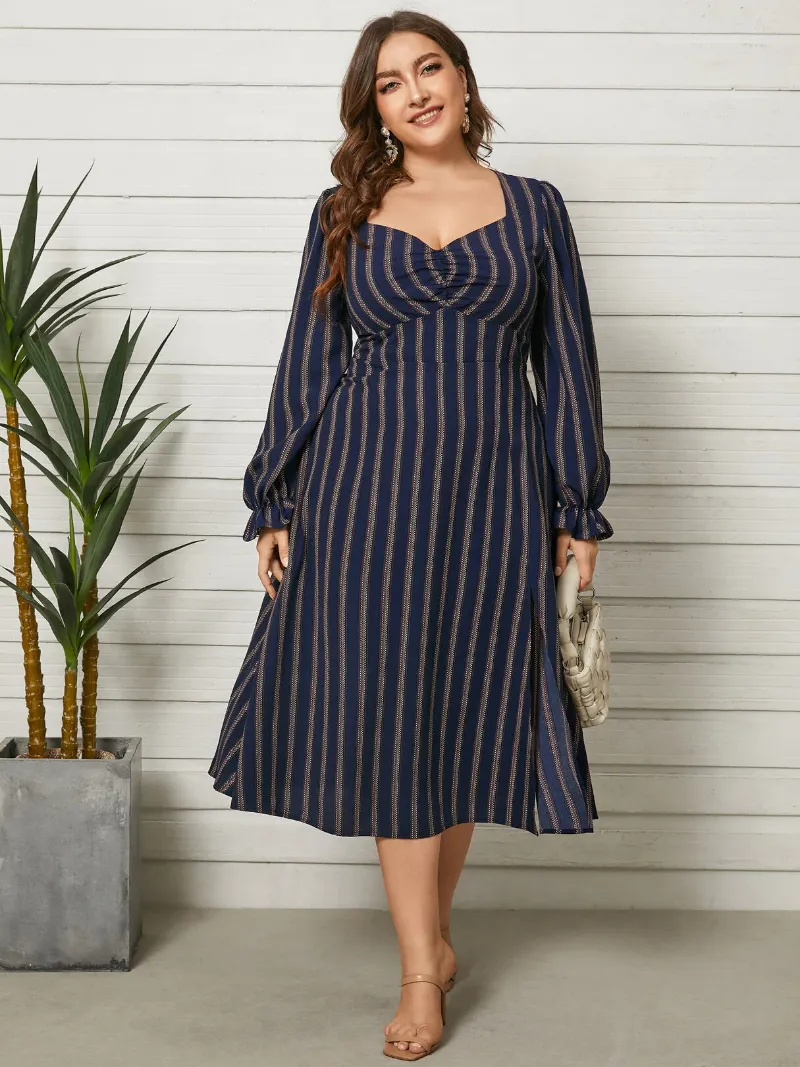 Plus Size Striped Long Sleeves Dress