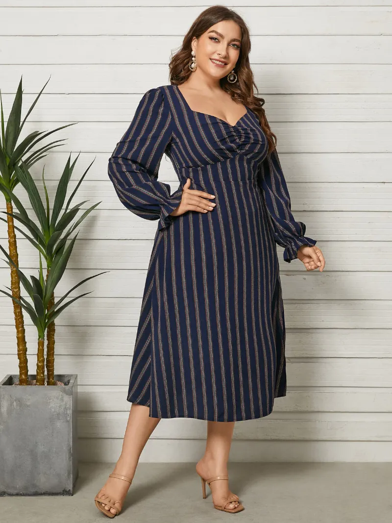 Plus Size Striped Long Sleeves Dress