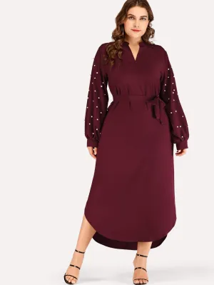Plus Solid Beaded Belted Dress