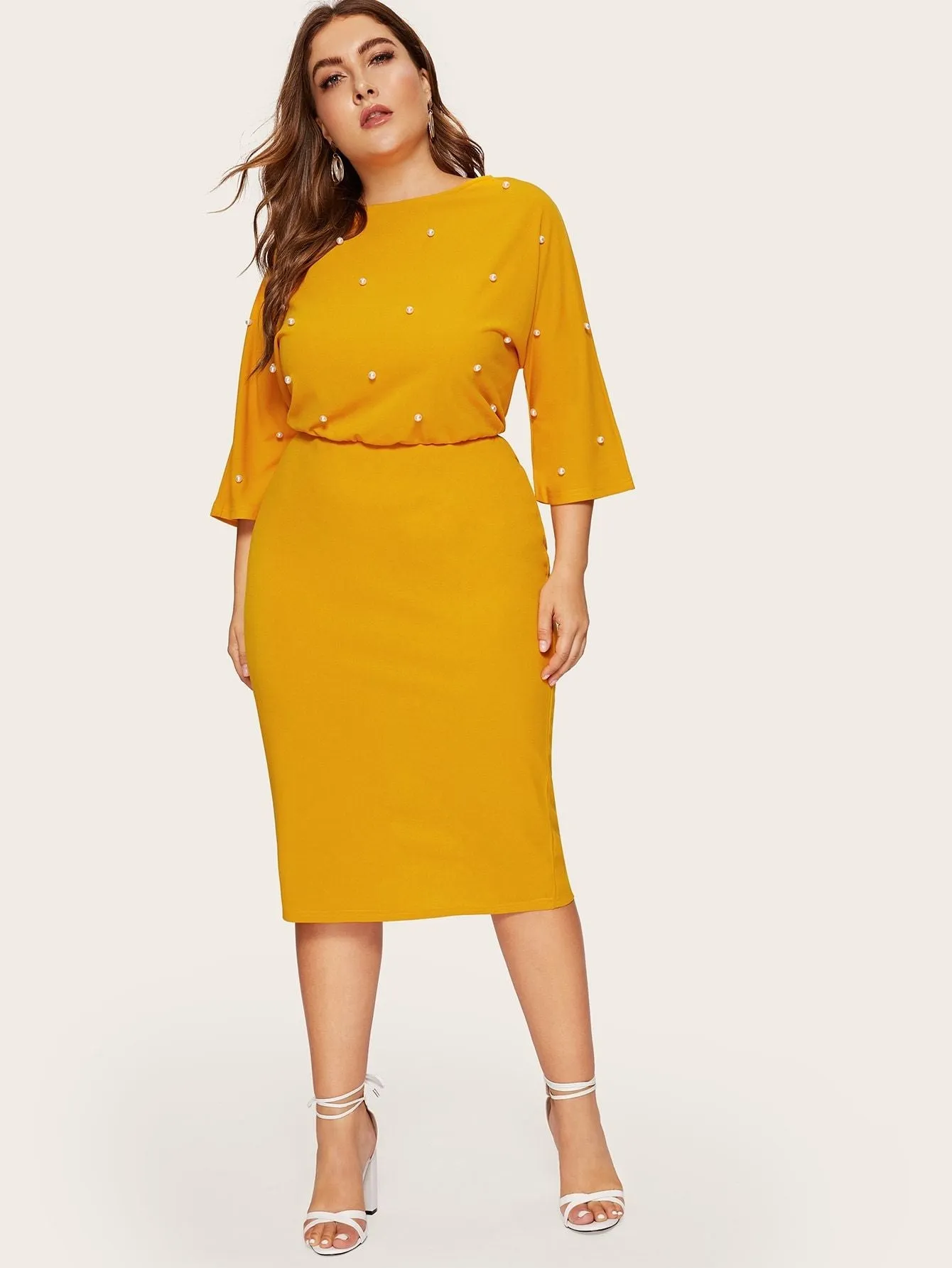 Plus Split Back Pearls Beaded Dress