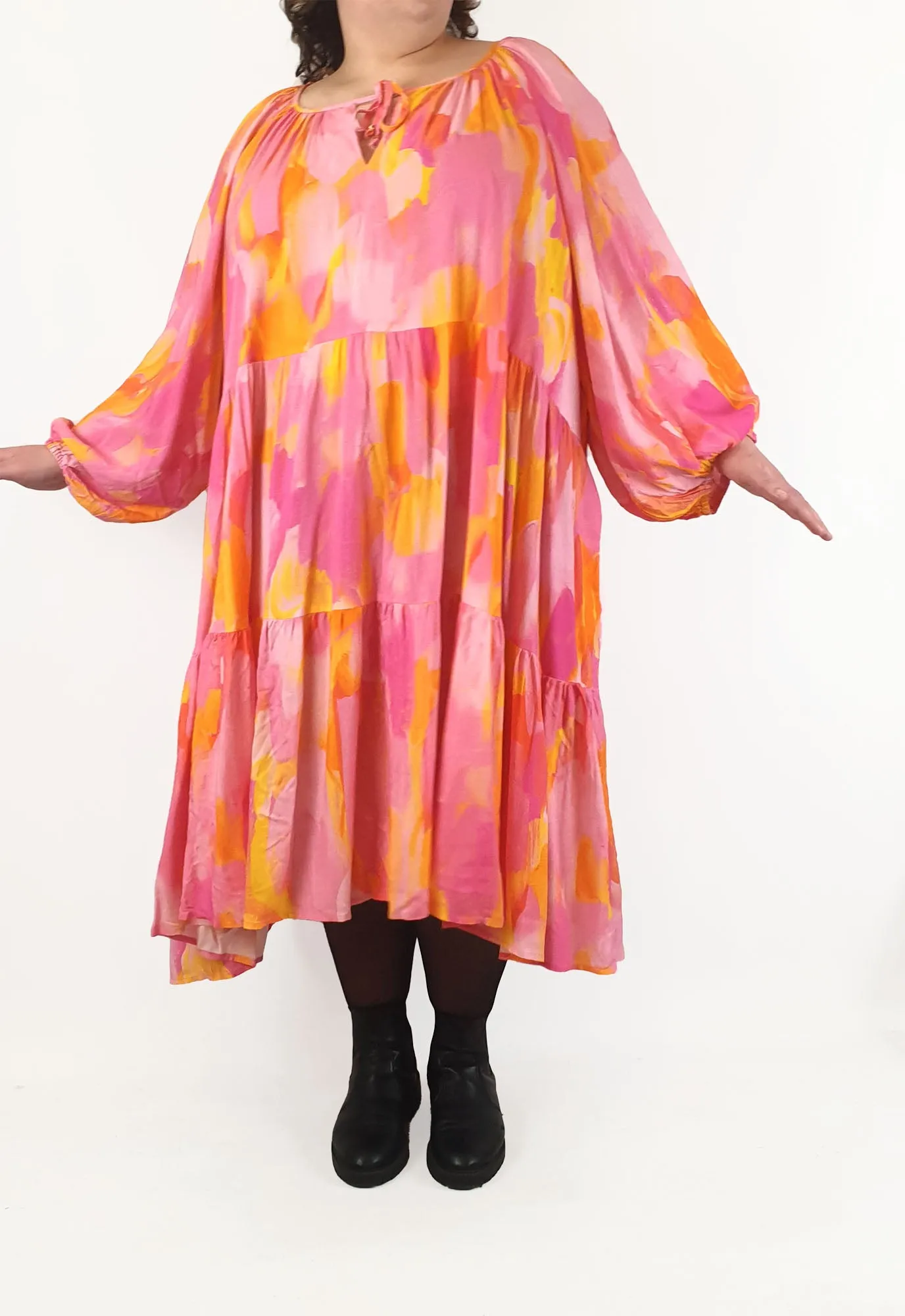 Proud Poppy pink and yellow print long sleeve maxi dress size 28