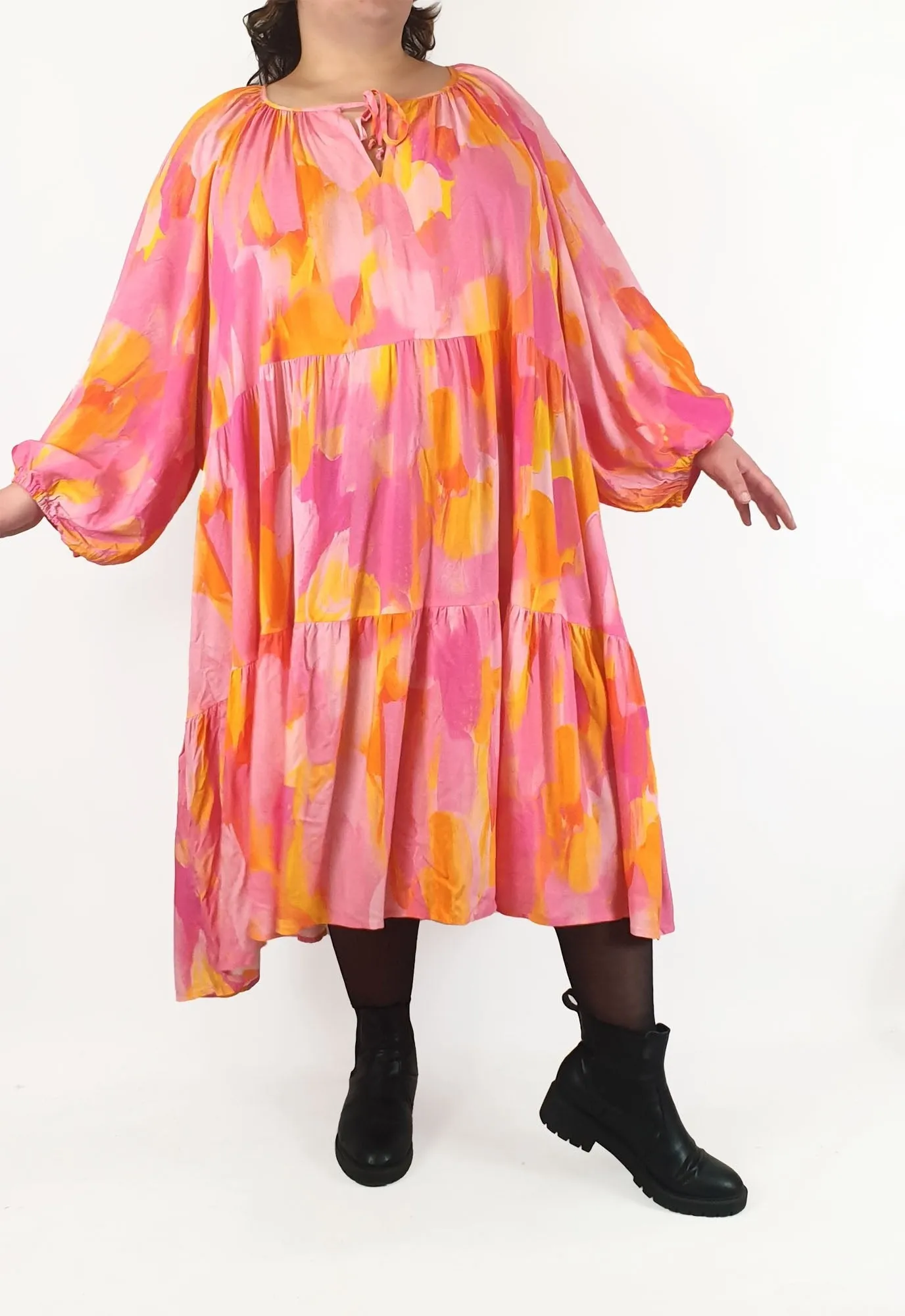 Proud Poppy pink and yellow print long sleeve maxi dress size 28