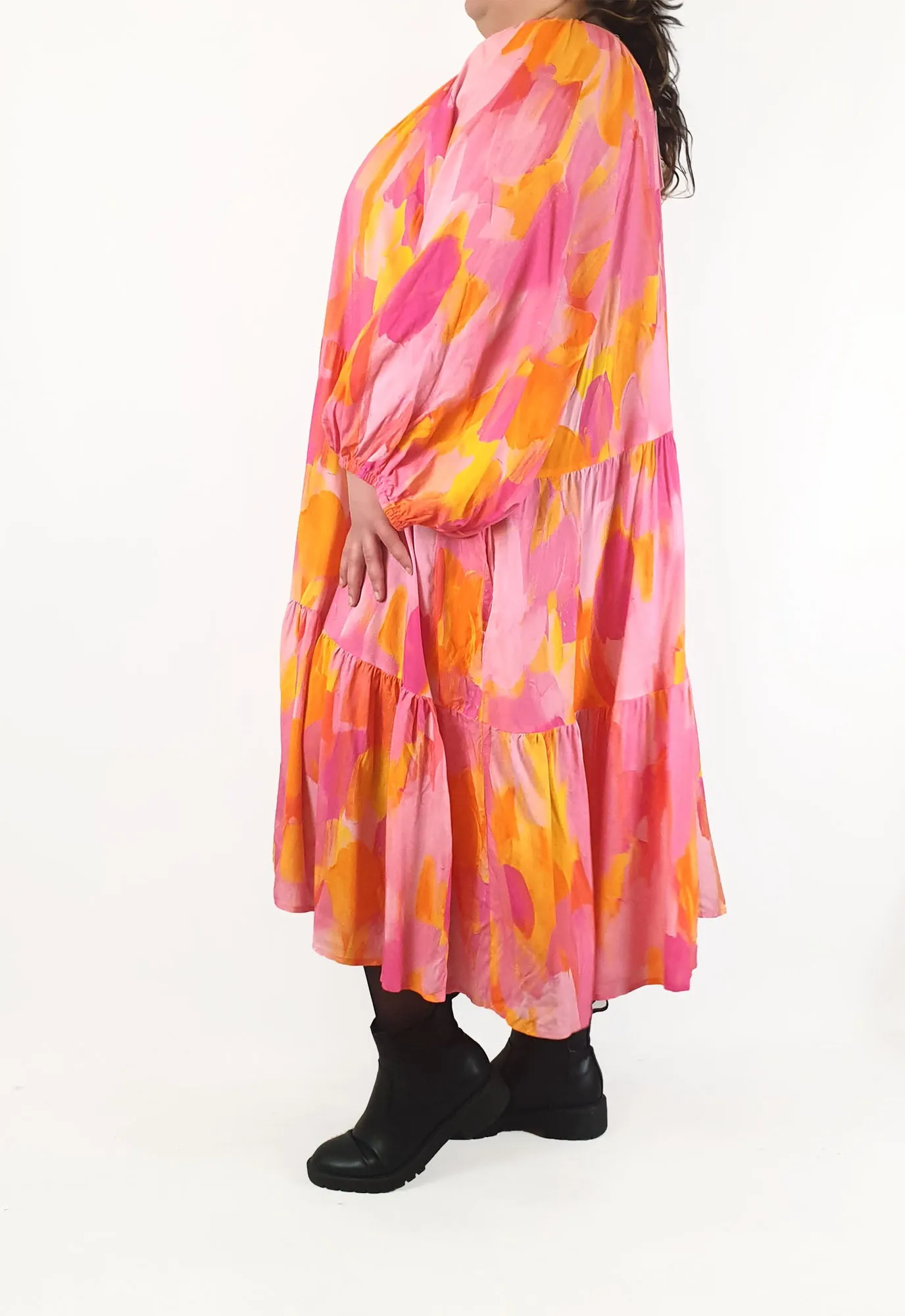 Proud Poppy pink and yellow print long sleeve maxi dress size 28