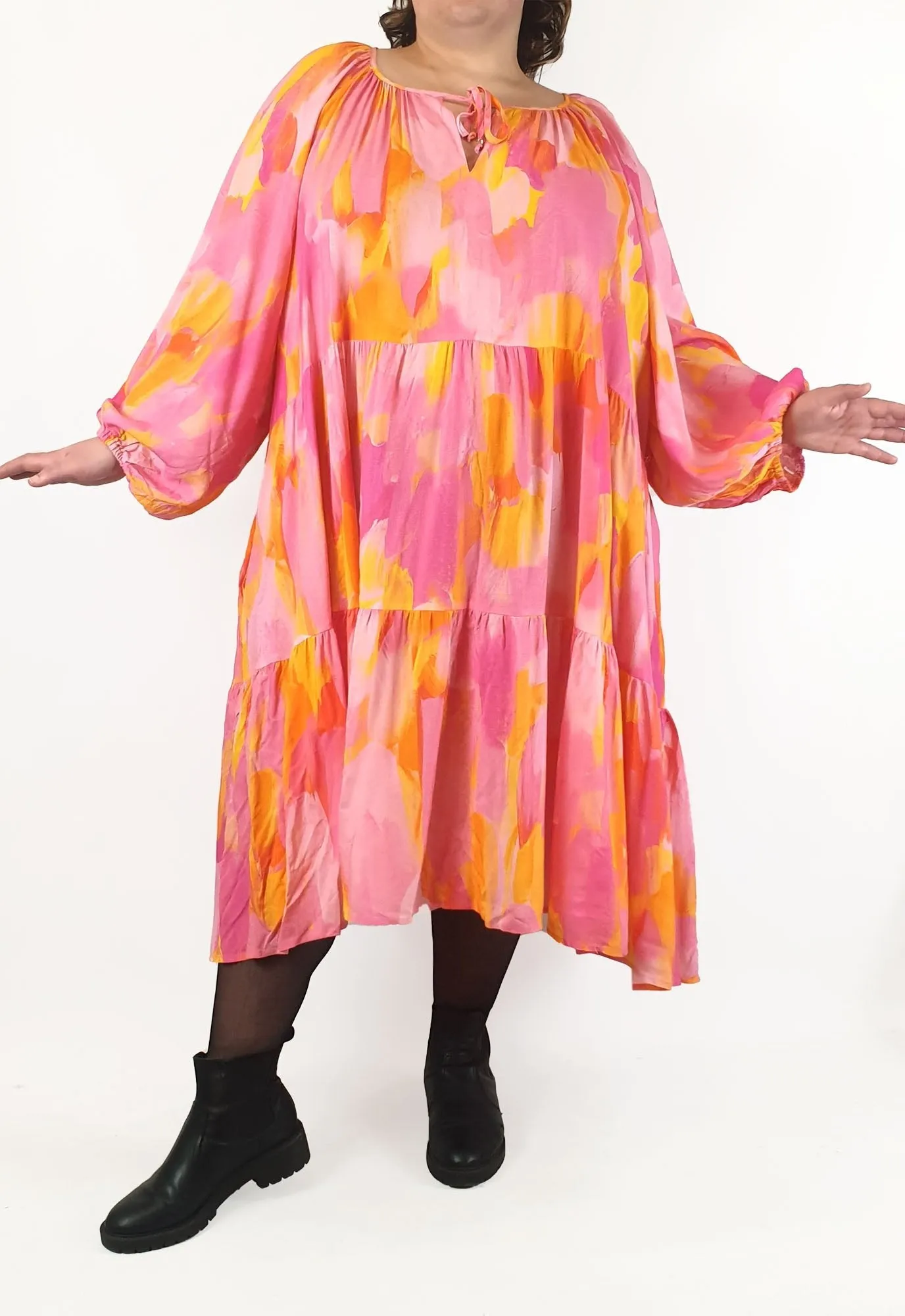 Proud Poppy pink and yellow print long sleeve maxi dress size 28