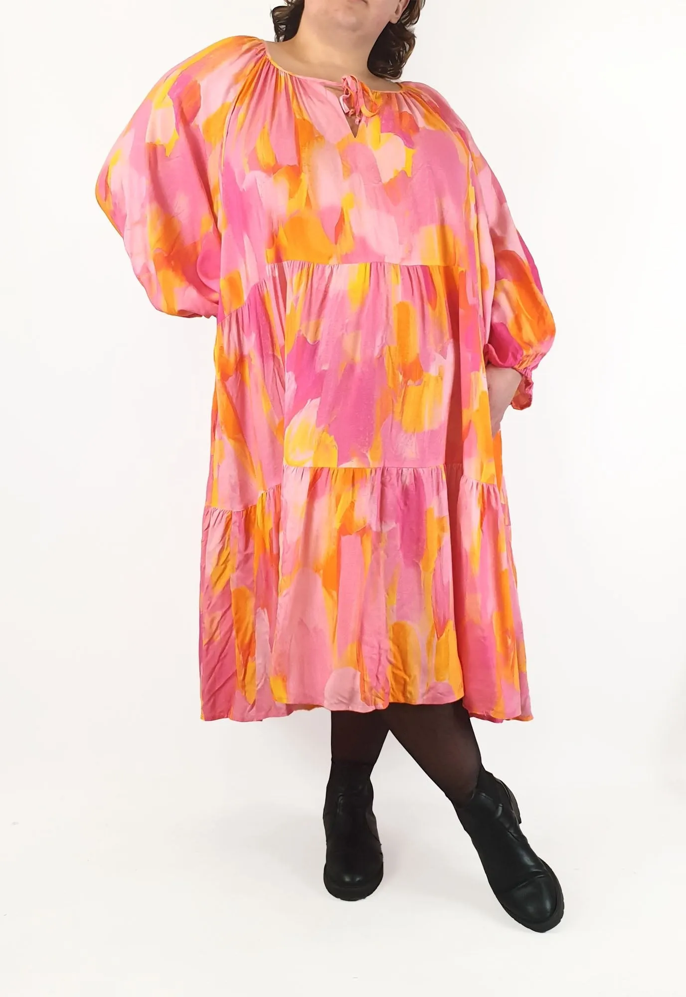 Proud Poppy pink and yellow print long sleeve maxi dress size 28