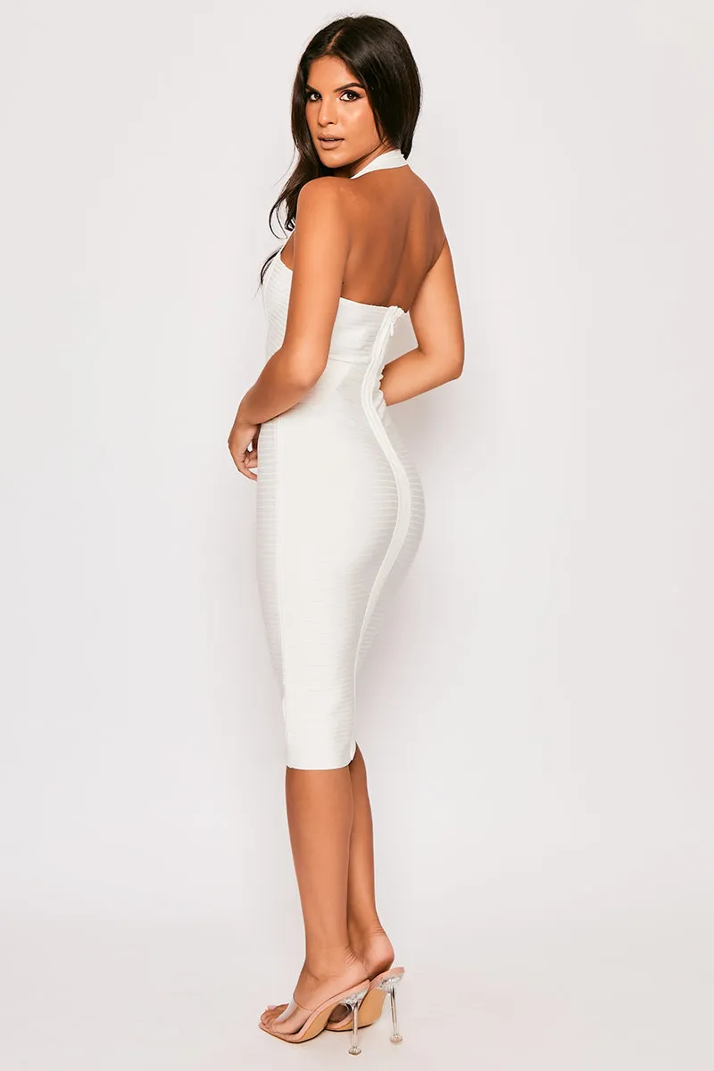 Robina - White Halterneck Ribbed Bandage Dress