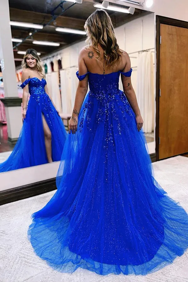 Royal Blue Tulle A-line Off Shoulder Long Prom Dresses With Appliques, SP916