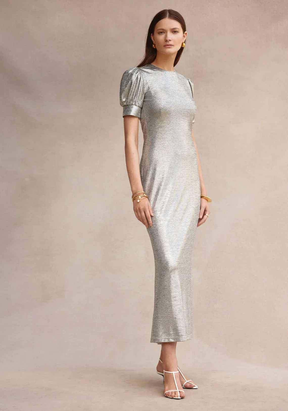 RUCHED COMO MAXI DRESS PEWTER LAME