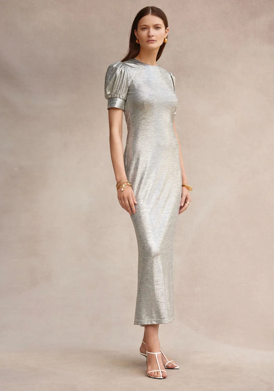 RUCHED COMO MAXI DRESS PEWTER LAME